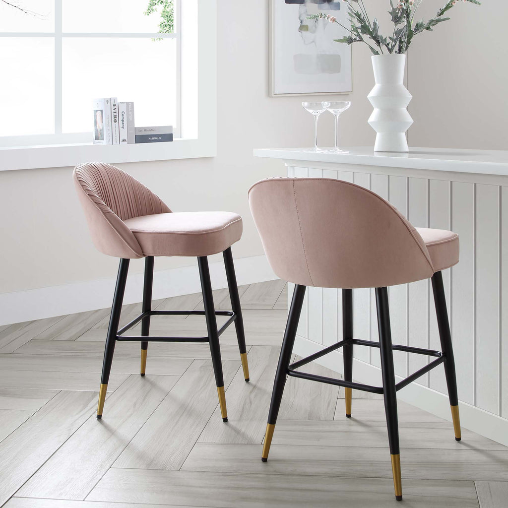 Miyae Set of 2 Pleated Pale Pink Velvet Upholstered Counter Stools