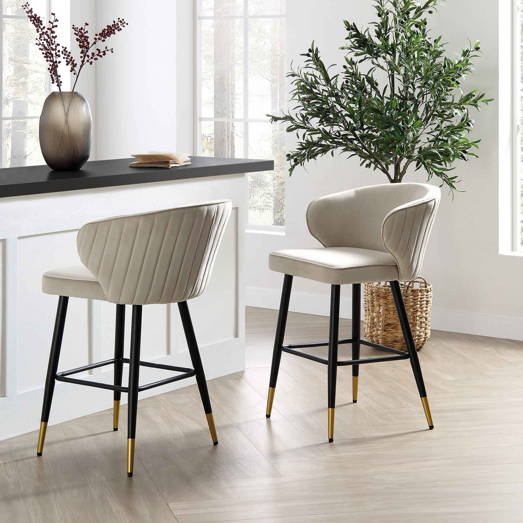 Langham Set of 2 Champagne Velvet Upholstered Carver Counter Stools | daals