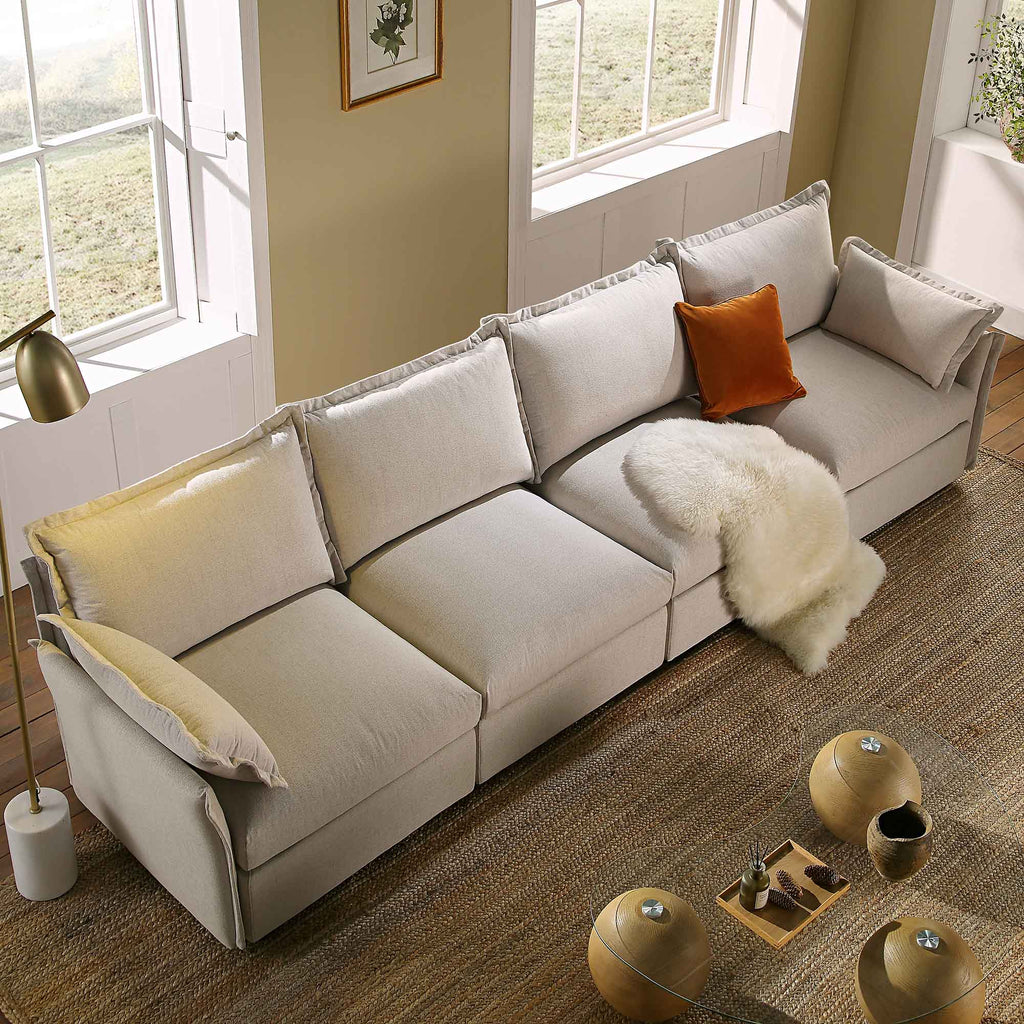 Byron Pillow Edge Beige Fabric Modular Sofa, 4-Seater | daals