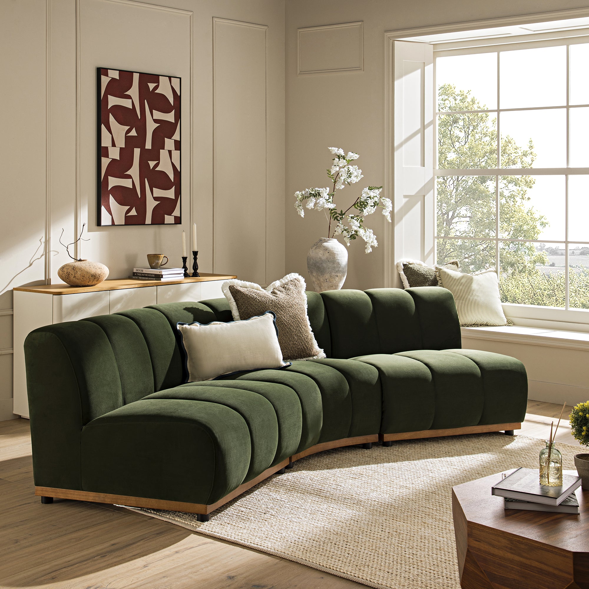 Granvia Moss Green Velvet Modular Sofa, 3-Seater Corner Sofa