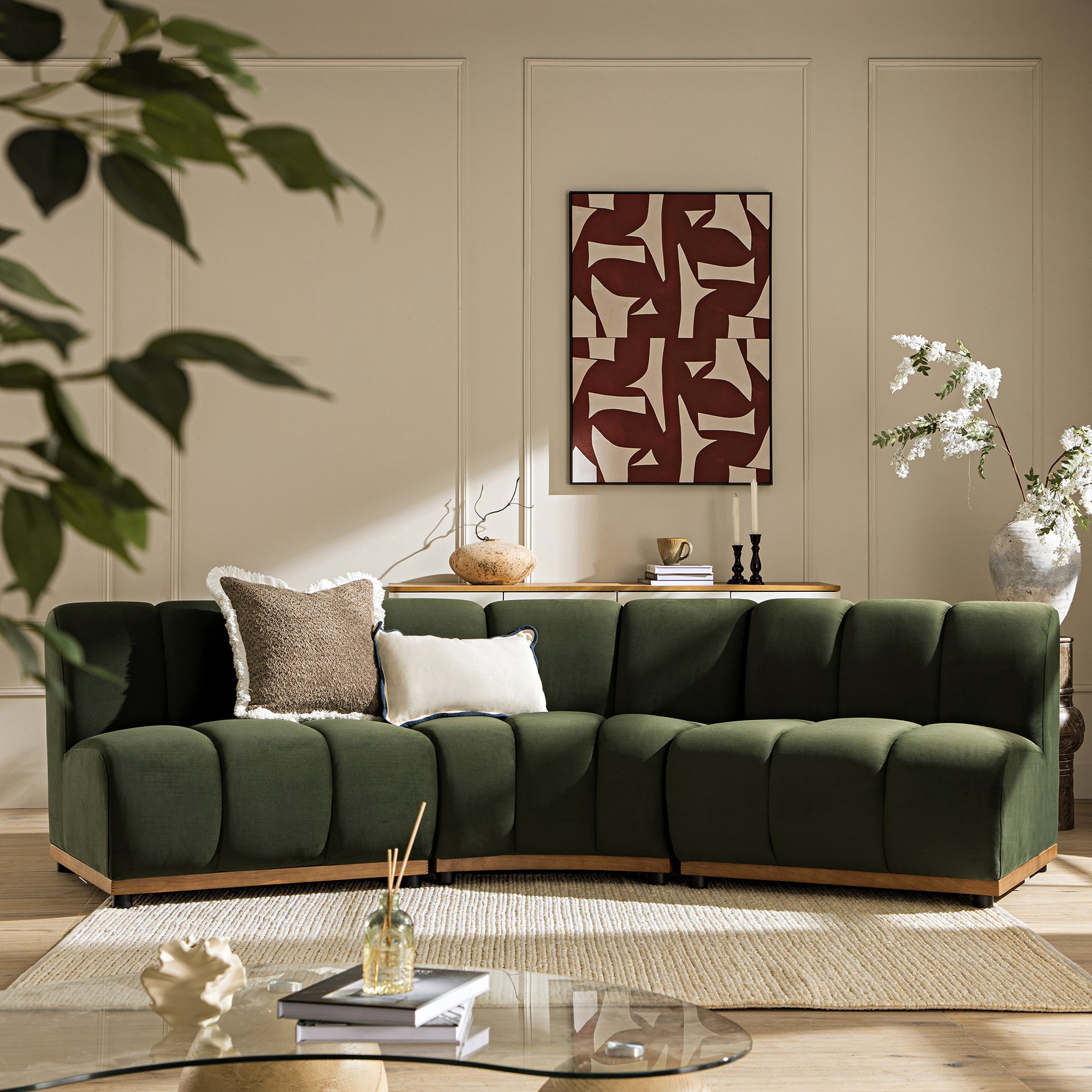 Granvia Moss Green Velvet Modular Sofa, 3-Seater Corner Sofa