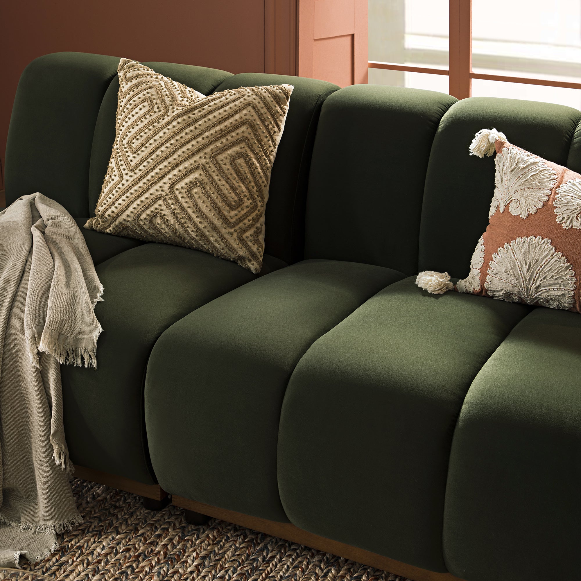 Granvia Moss Green Velvet Modular Sofa, 3-Seater Sofa