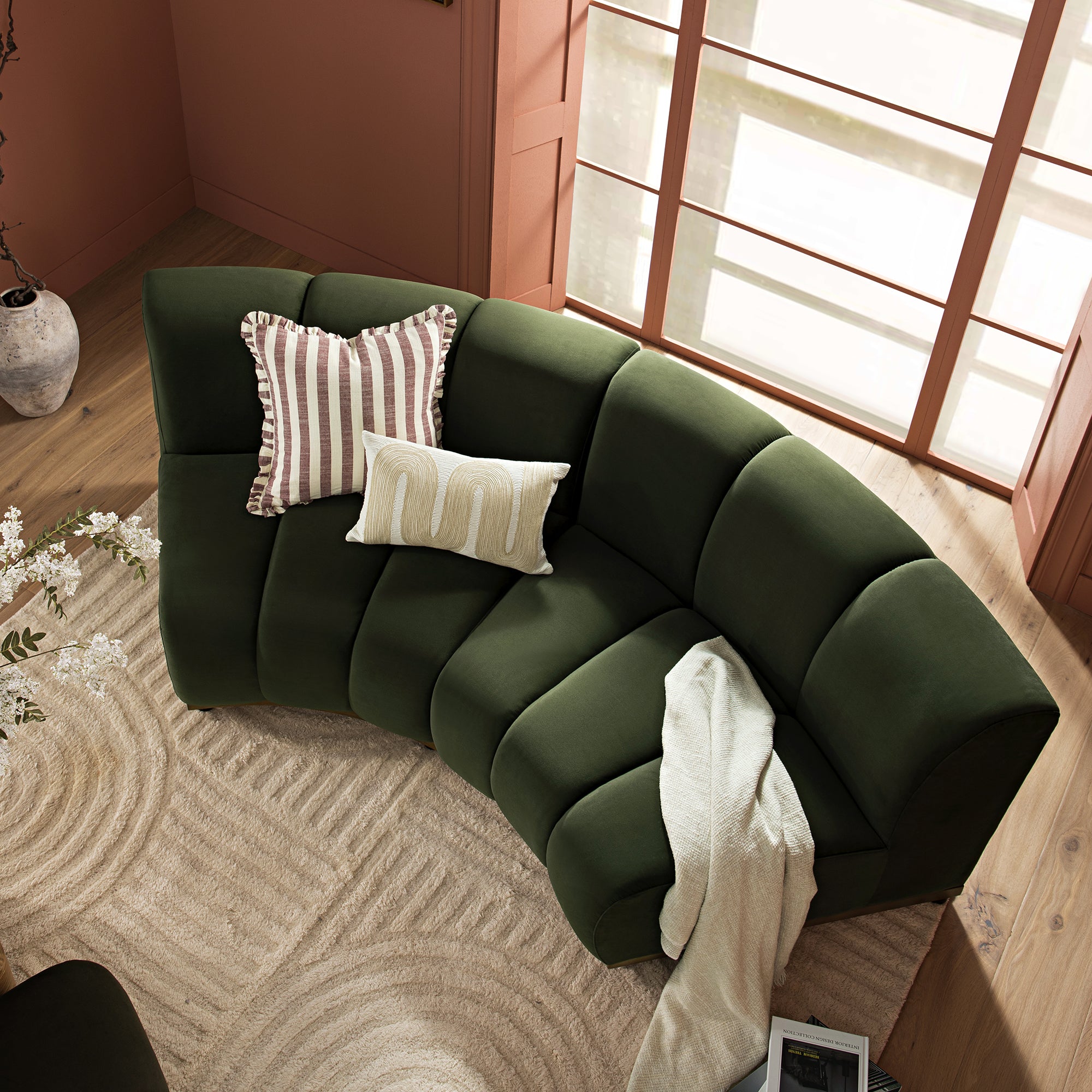 Granvia Moss Green Velvet Modular Sofa, 2-Seater Curved Sofa