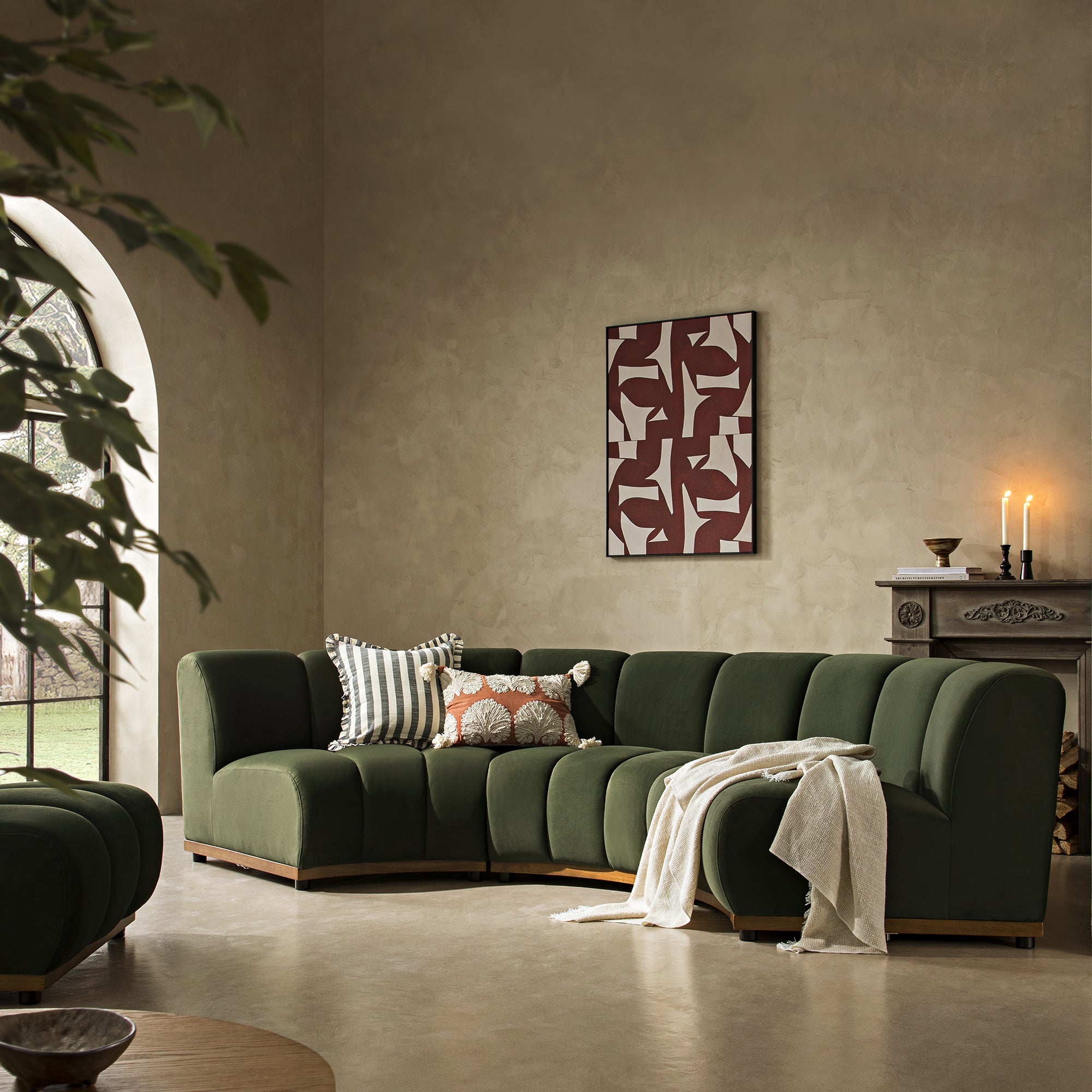 Granvia Moss Green Velvet Modular Sofa, 3-Seater Curved Sofa