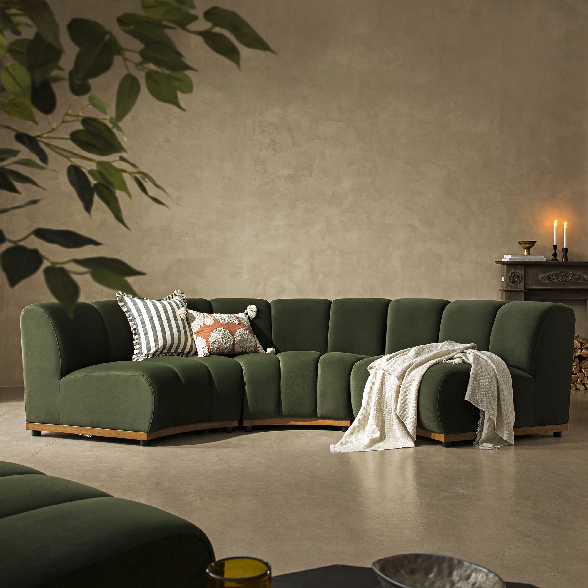 Granvia Moss Green Velvet Modular Sofa, 3-Seater Curved Sofa