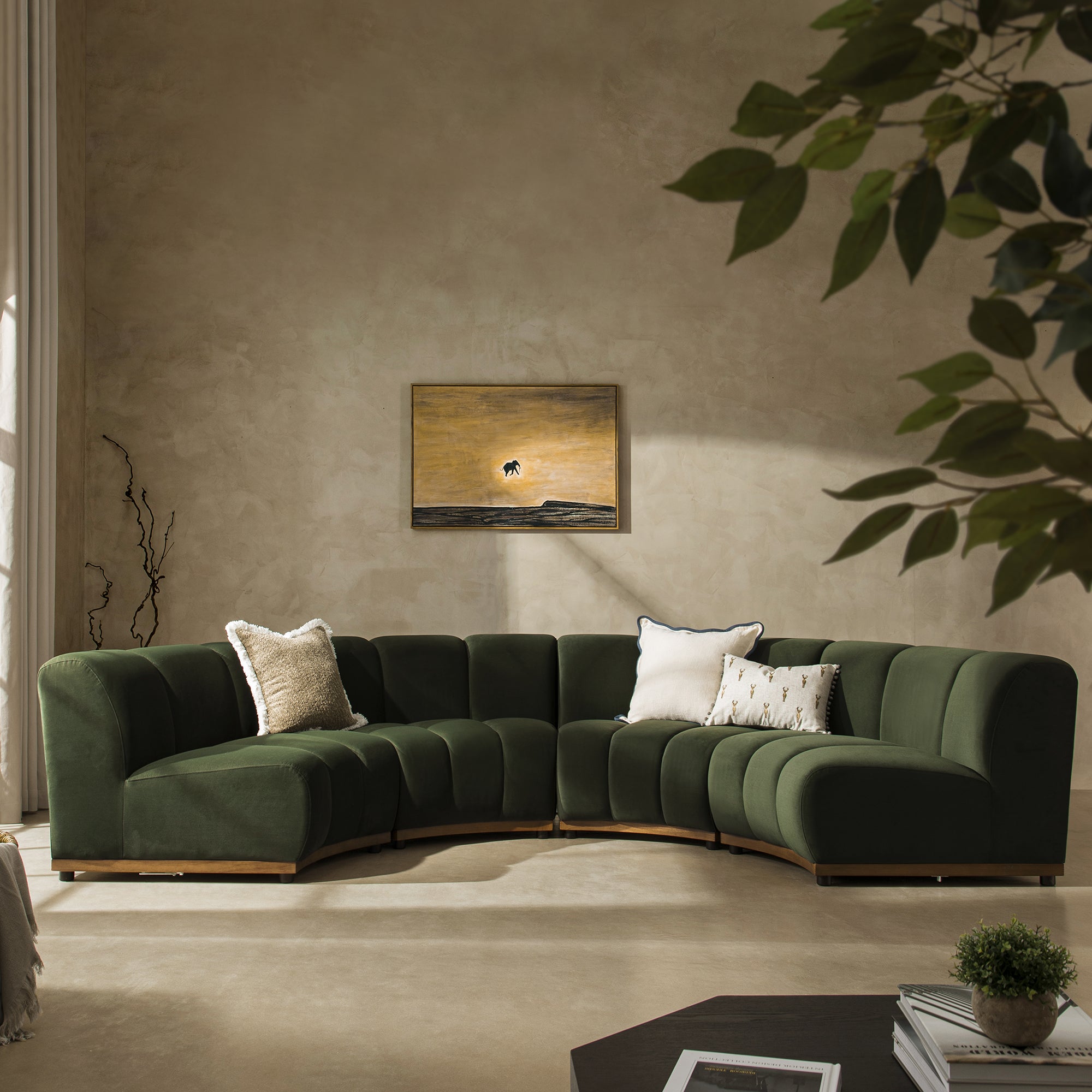 Granvia Moss Green Velvet Modular Sofa, 4-Seater Half Circle Sofa