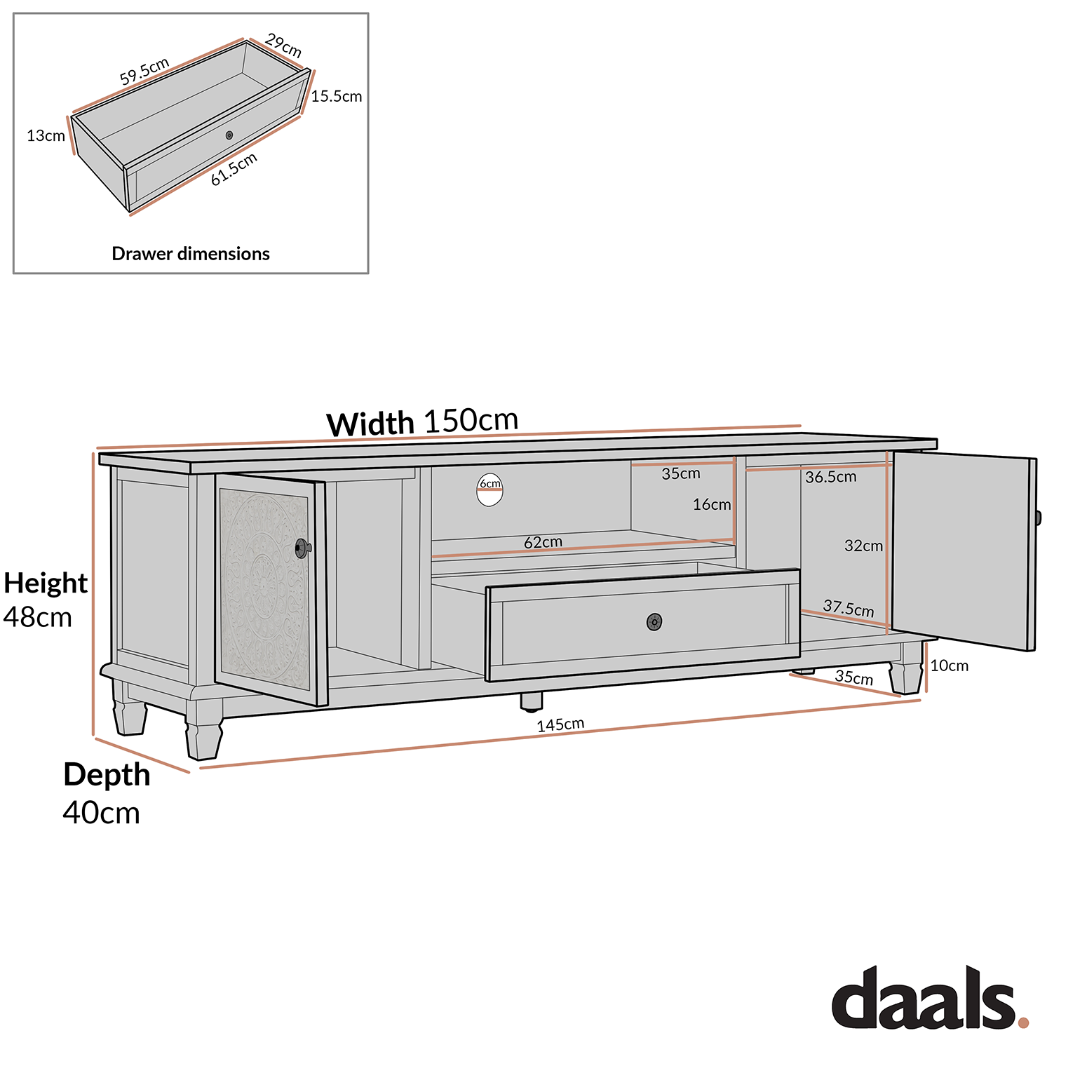 Chantilly Whitewashed 150cm Wide TV Unit