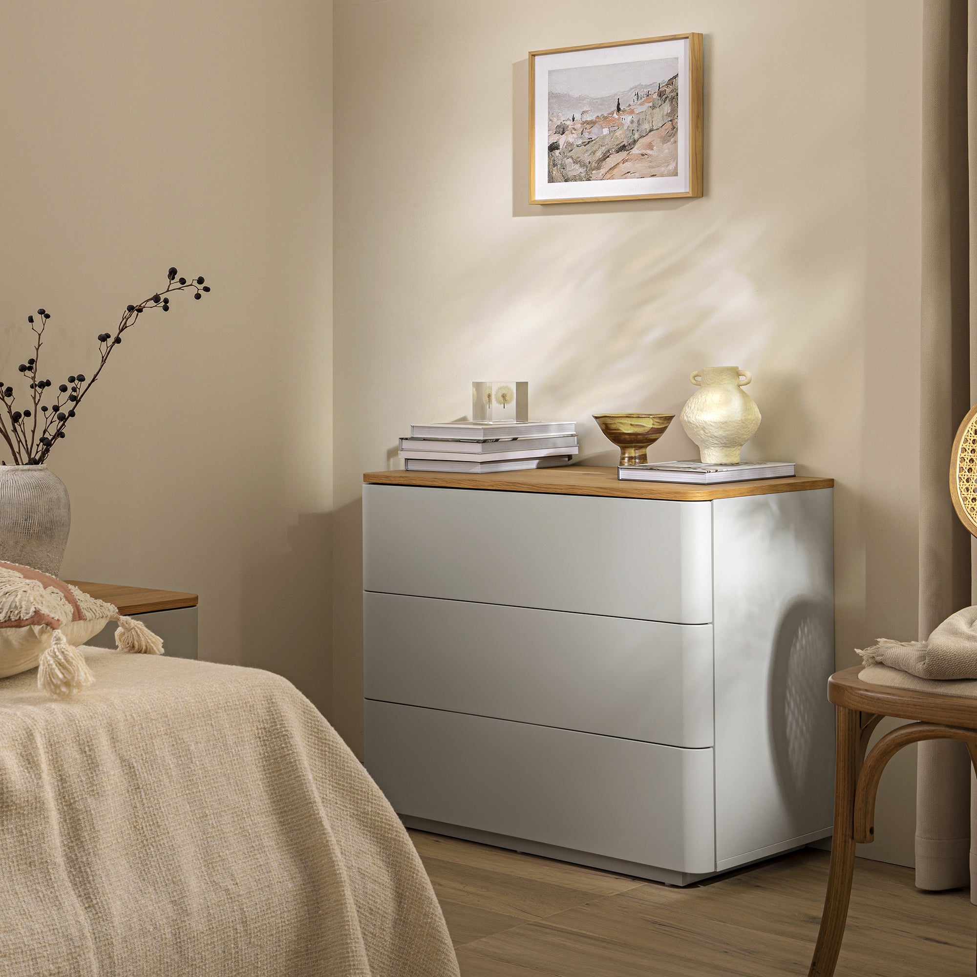 Agnes Curved Edge Chest of 3 Drawers, Dove Grey with Oak Top