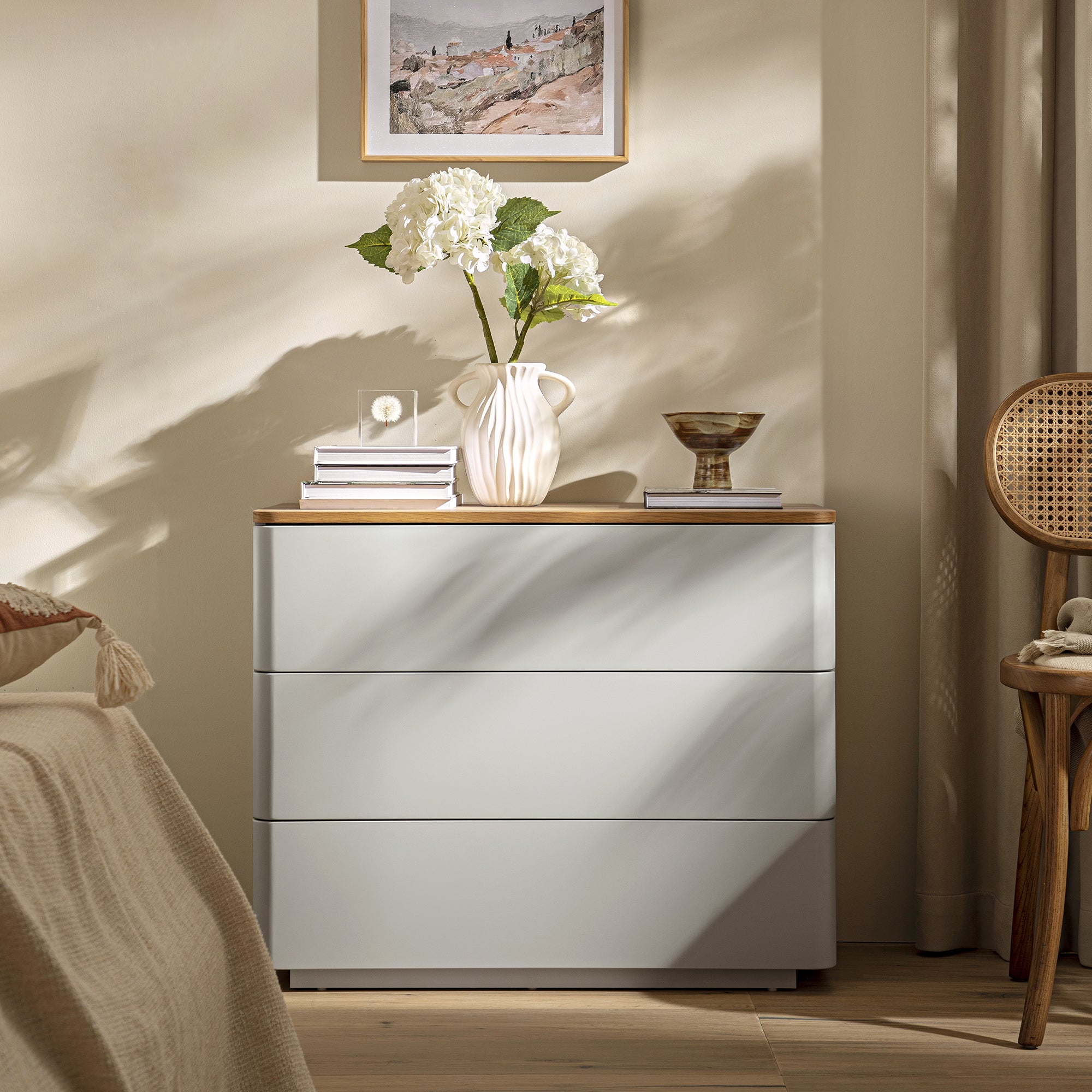 Agnes Curved Edge Chest of 3 Drawers, Dove Grey with Oak Top