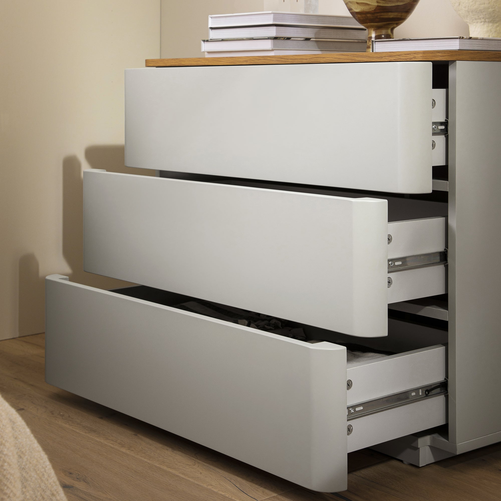 Agnes Curved Edge Chest of 3 Drawers, Dove Grey with Oak Top