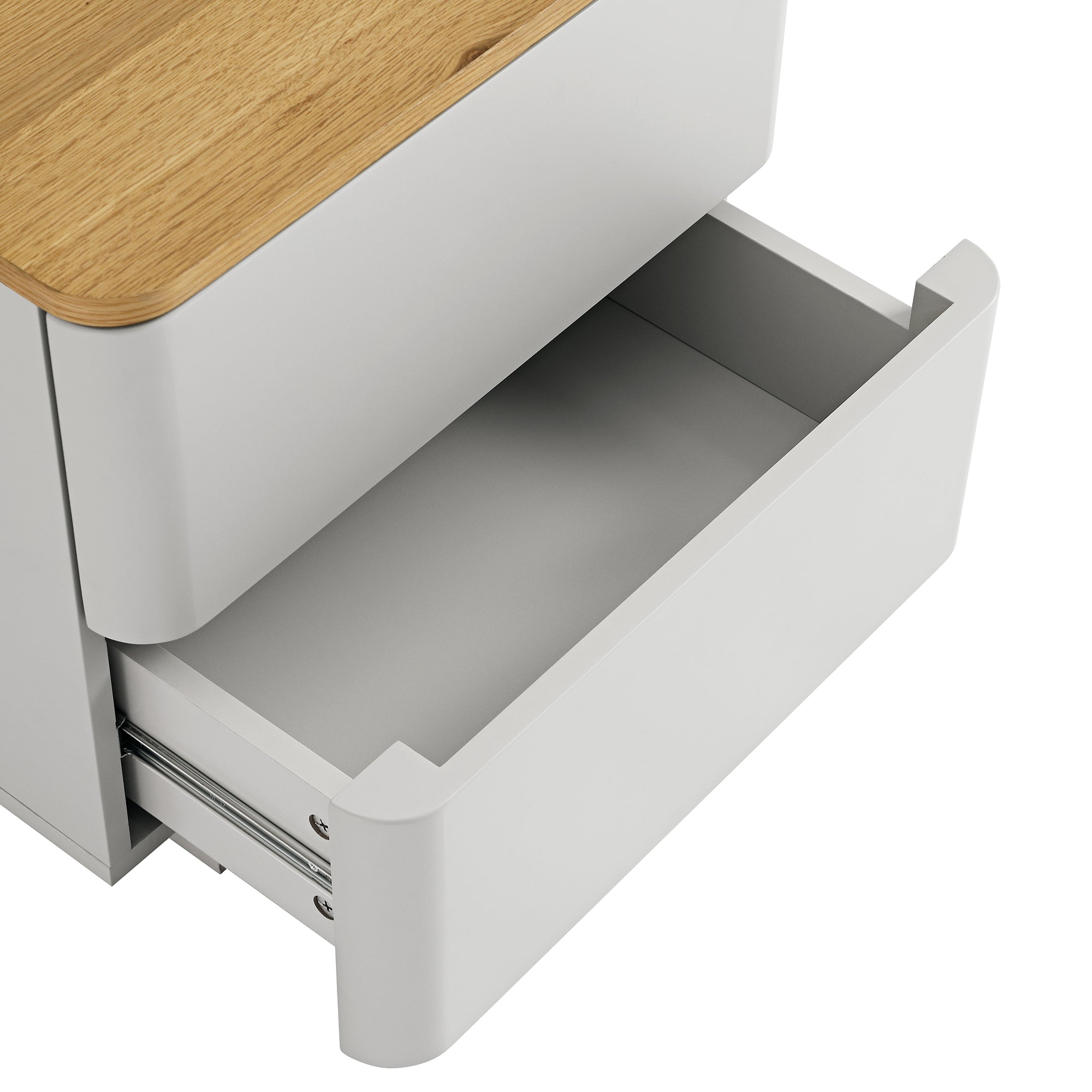 Agnes Curved Edge 2 Drawer Bedside Table, Dove Grey with Oak Top