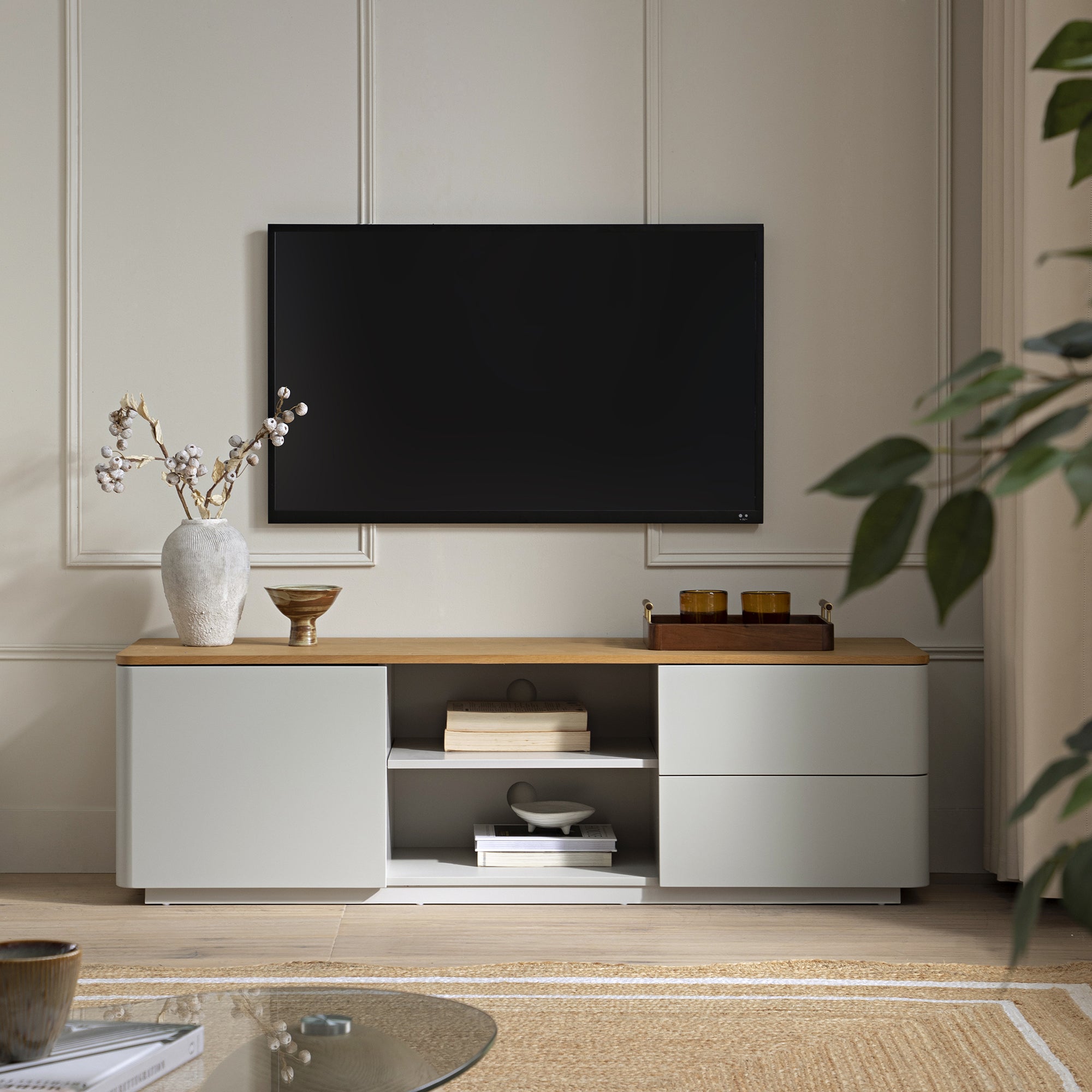 Agnes Curved Edge 150cm Wide TV Unit, Dove Grey with Oak Top