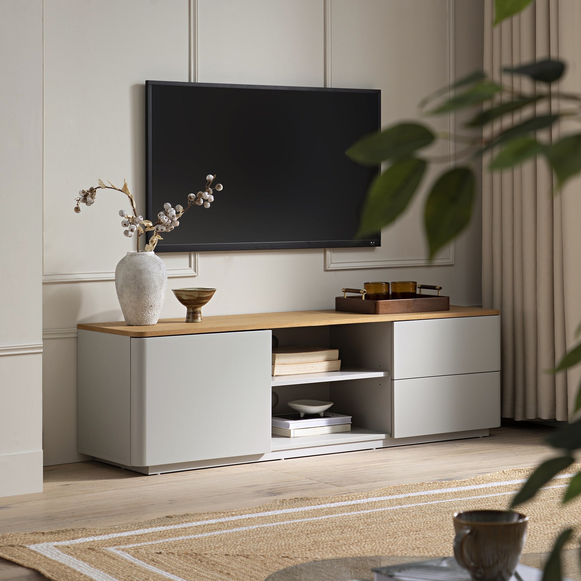 Agnes Curved Edge 150cm Wide TV Unit, Dove Grey with Oak Top