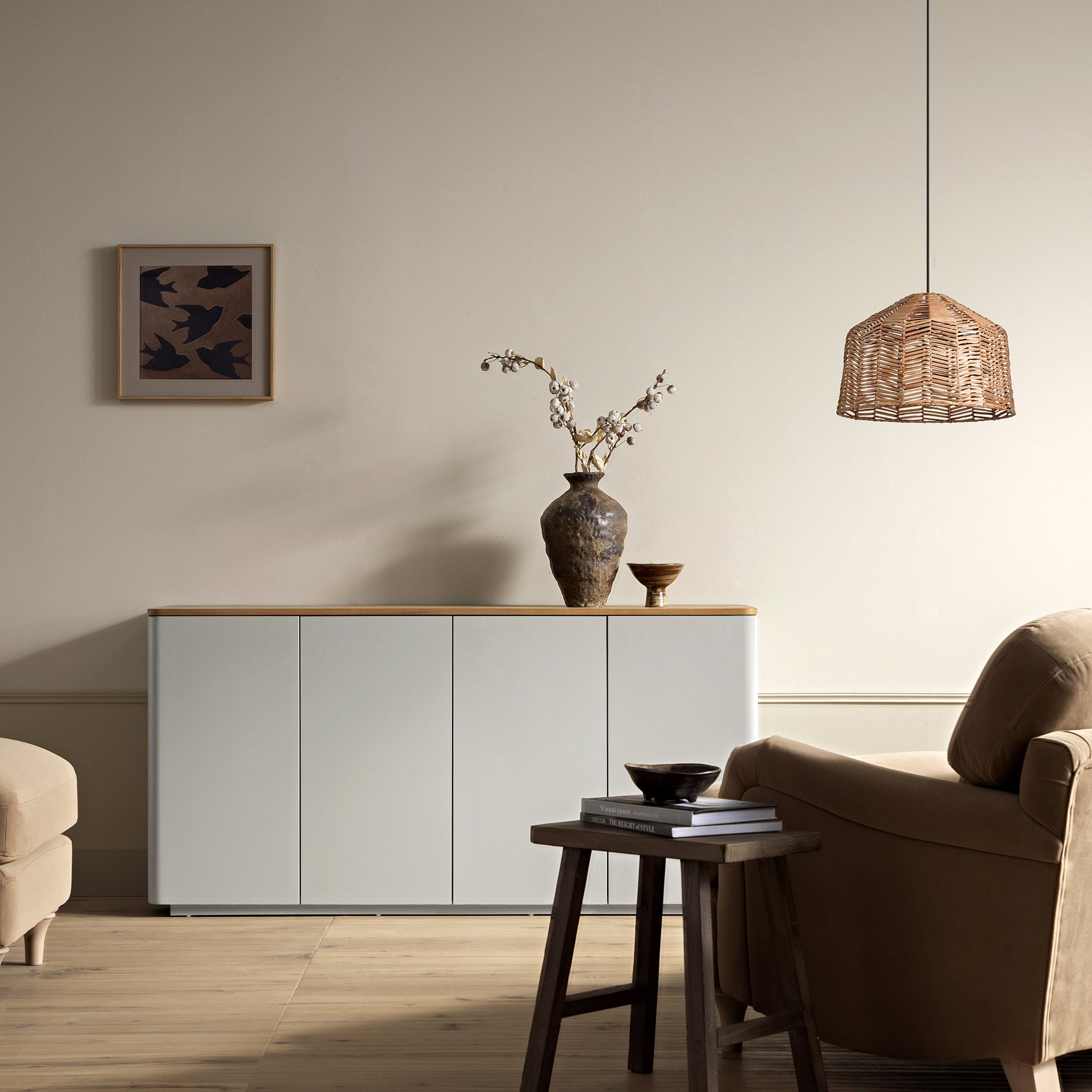 Agnes Curved Edge 150cm Wide Sideboard, Dove Grey with Oak Top