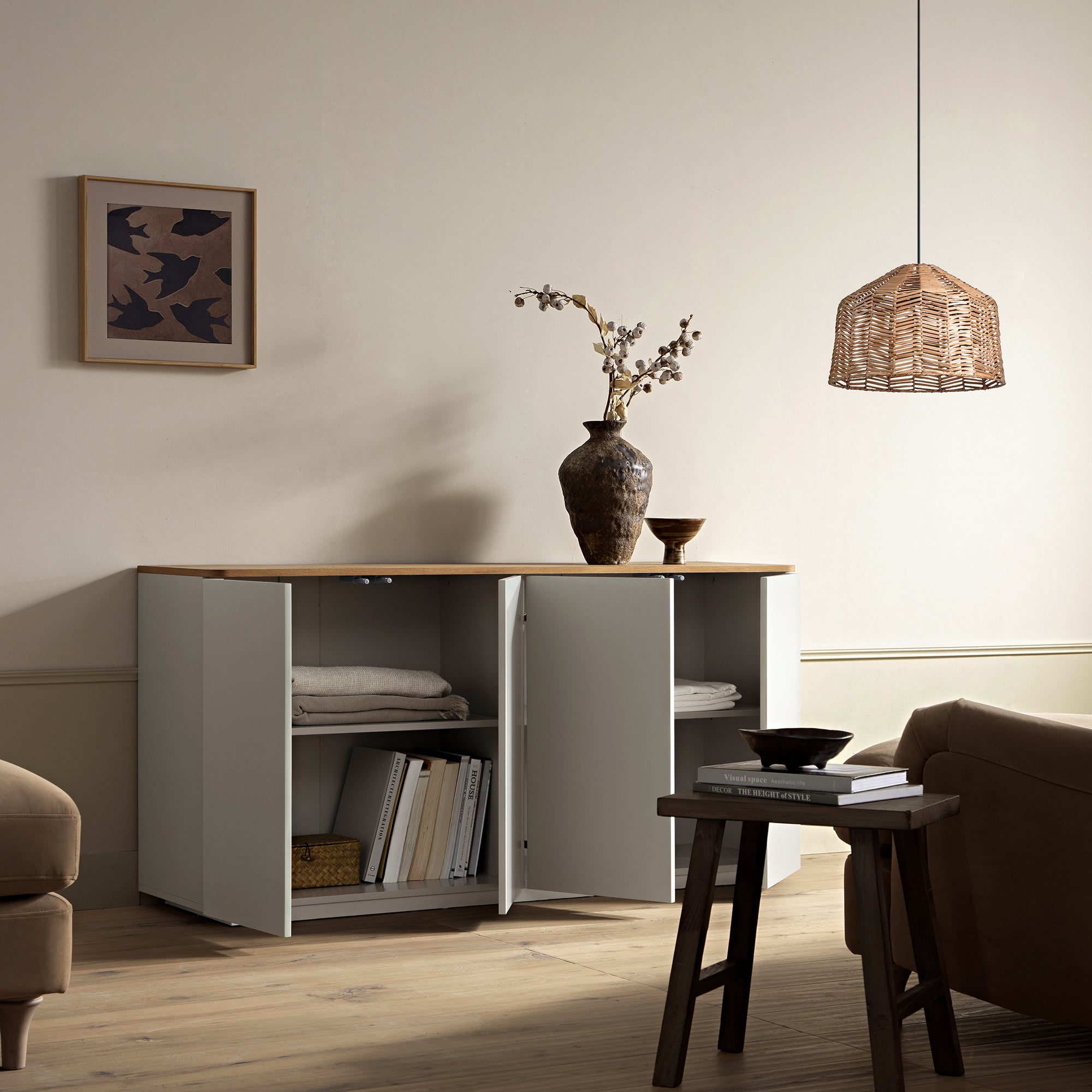 Agnes Curved Edge 150cm Wide Sideboard, Dove Grey with Oak Top