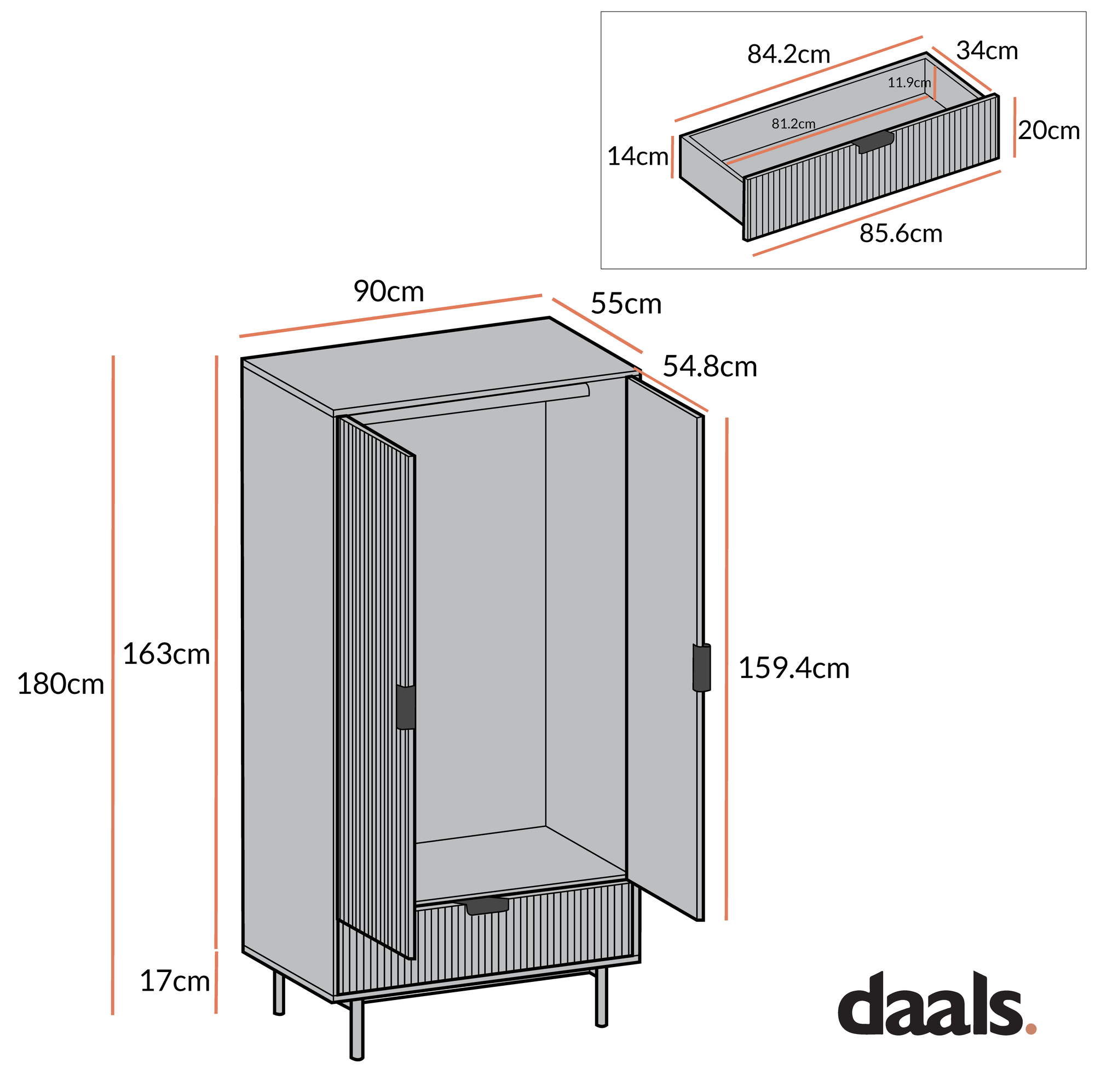 Richmond Ridged Double Wardrobe with Drawer, Matte Black