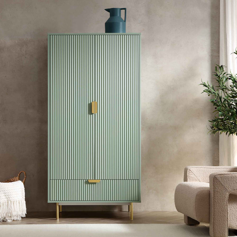 Richmond Ridged Double Wardrobe with Drawer, Matte Sage Green | daals