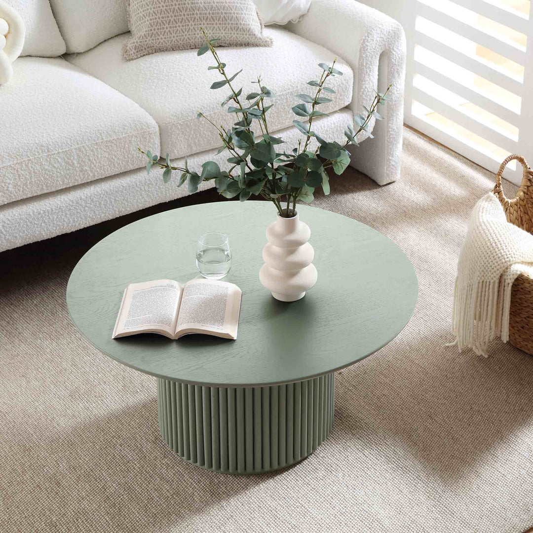 Maru Round Oak Pedestal Coffee Table, Sage Green | daals