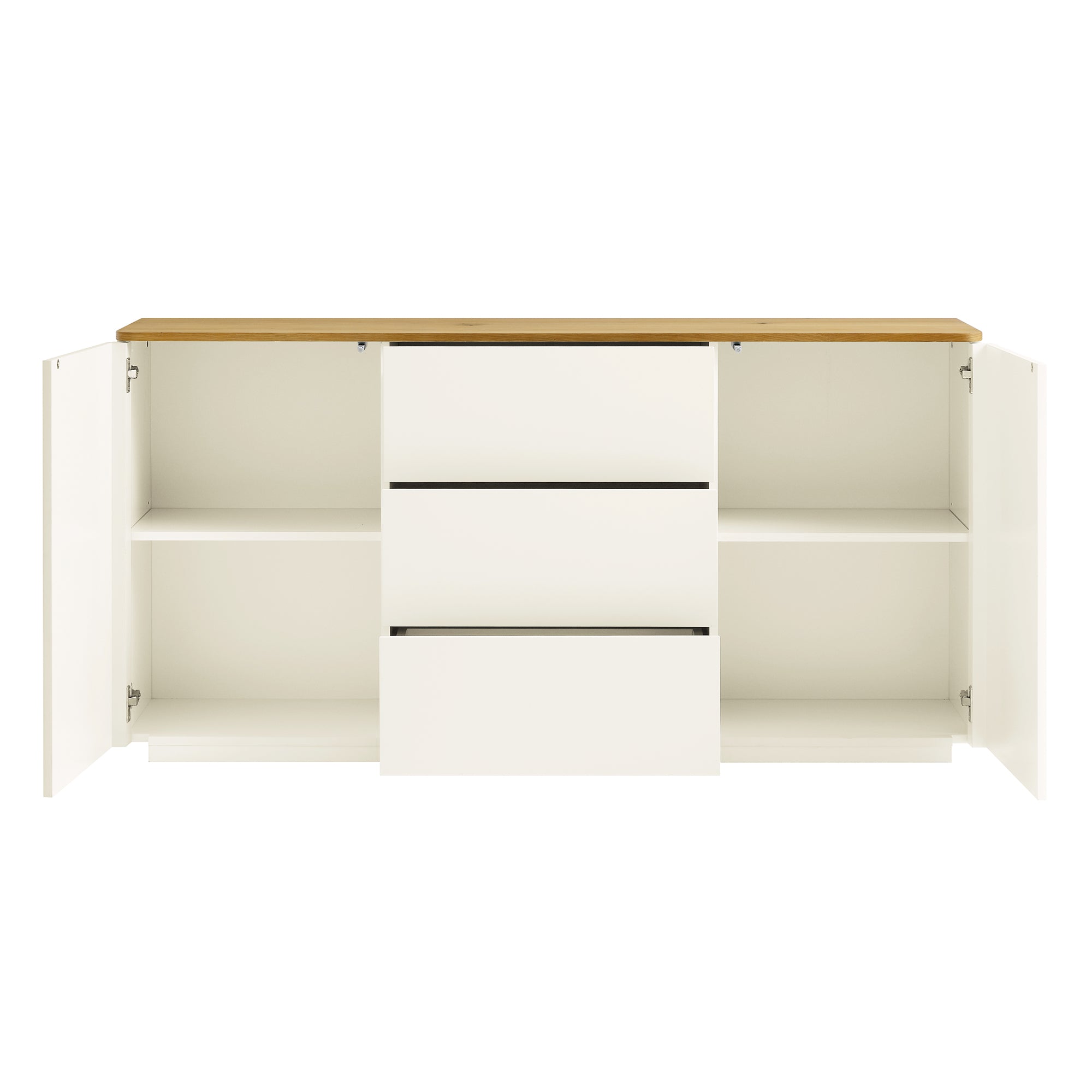 Agnes Curved Edge 2 Door 3 Drawer Wide Sideboard, Off White with Oak Top