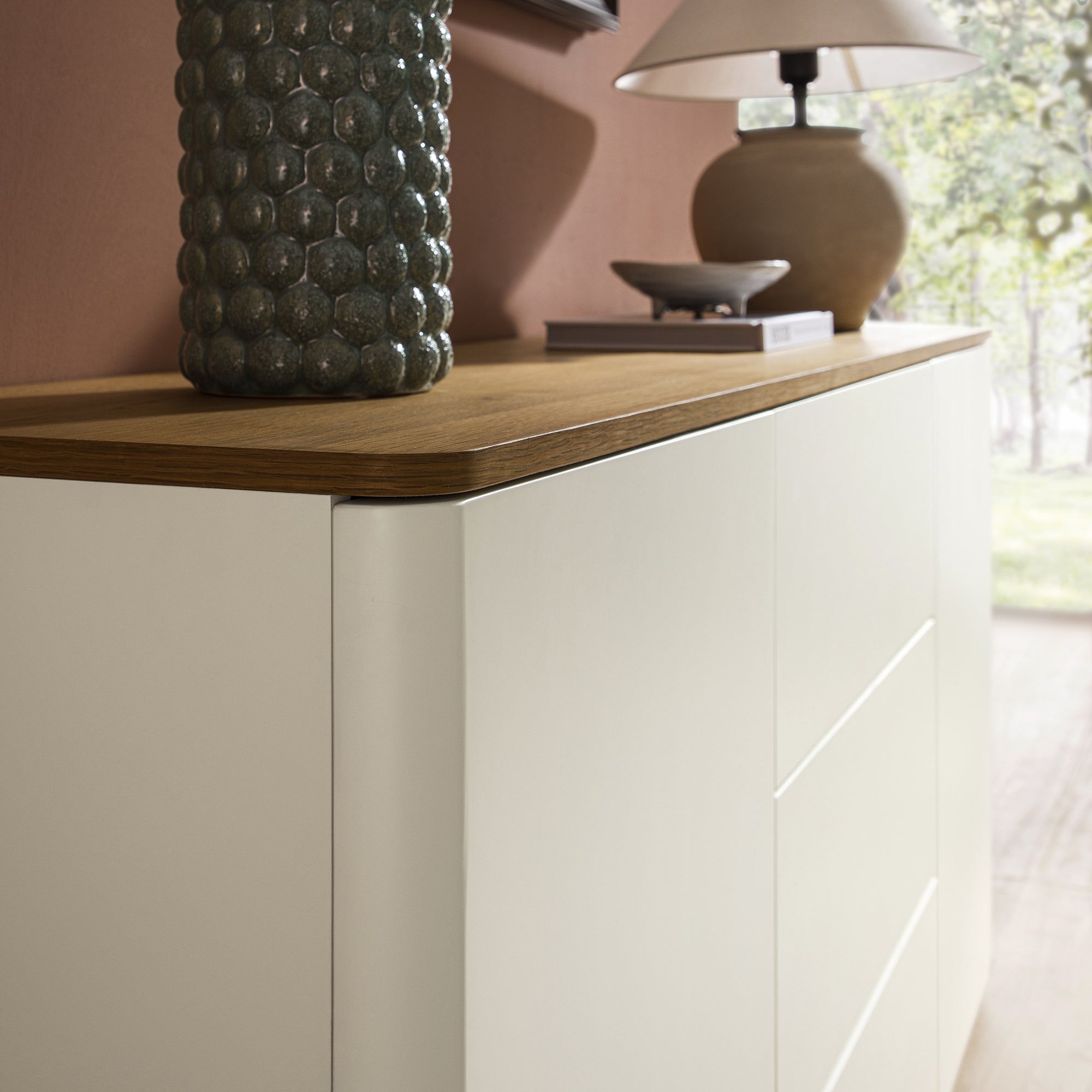 Agnes Curved Edge 2 Door 3 Drawer Wide Sideboard, Off White with Oak Top