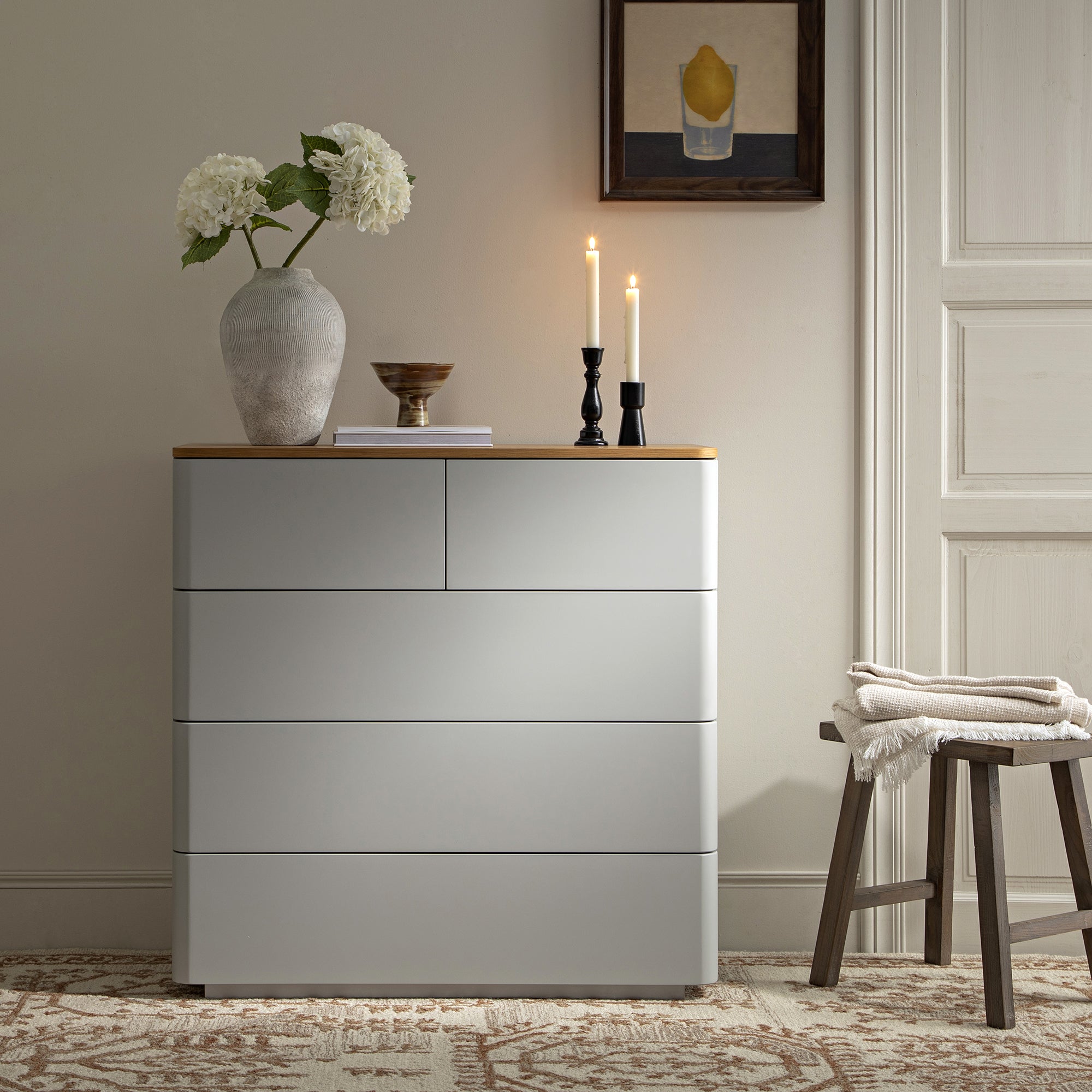 Agnes Curved Edge 2 over 3 Chest of Drawers, Dove Grey with Oak Top