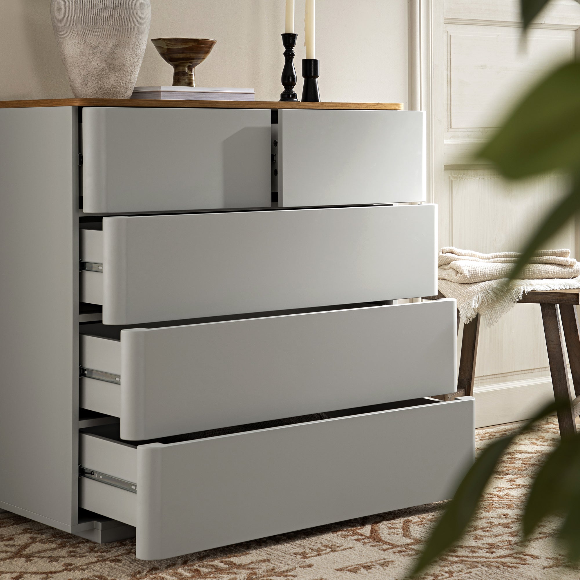 Agnes Curved Edge 2 over 3 Chest of Drawers, Dove Grey with Oak Top