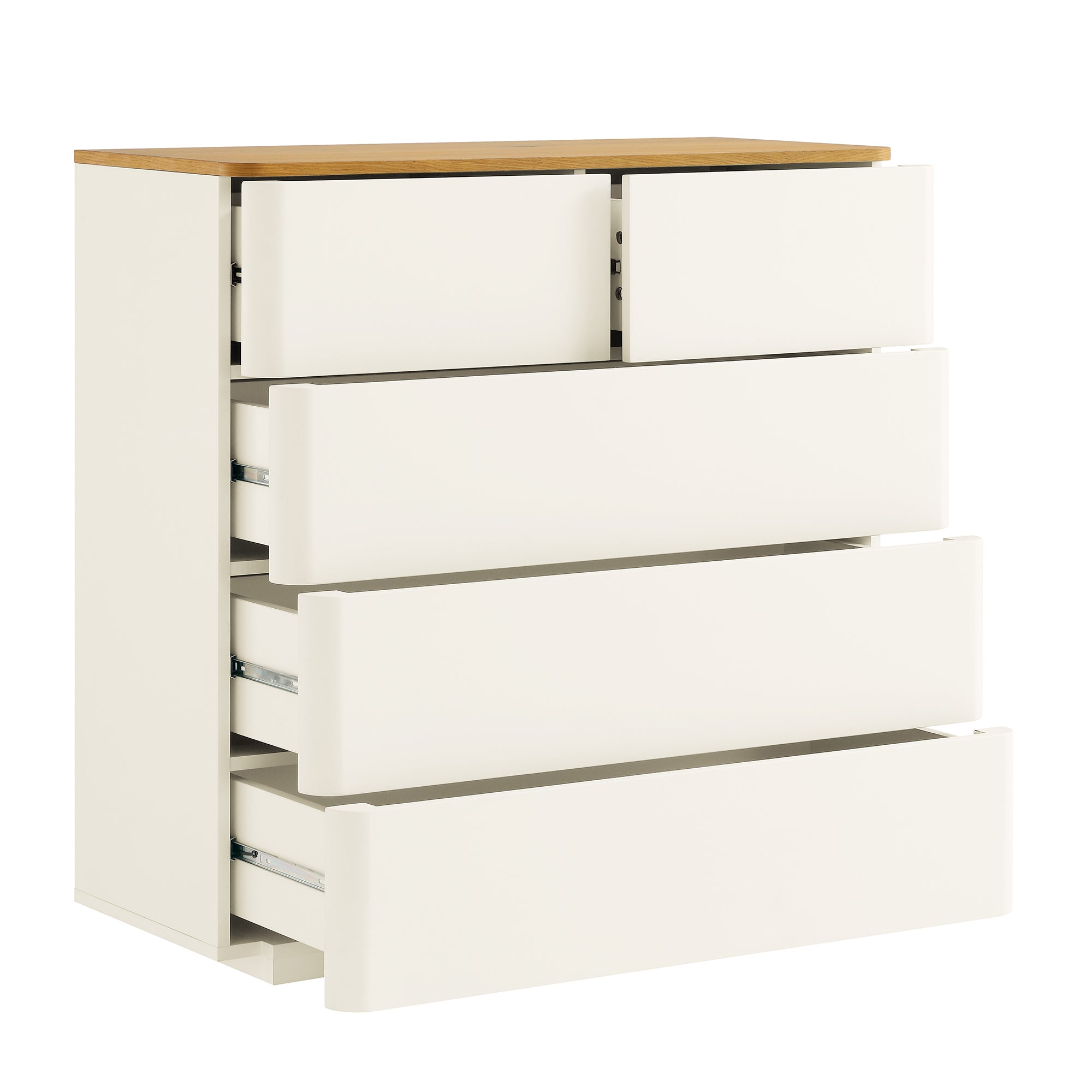 Agnes Curved Edge 2 over 3 Chest of Drawers, Off White with Oak Top