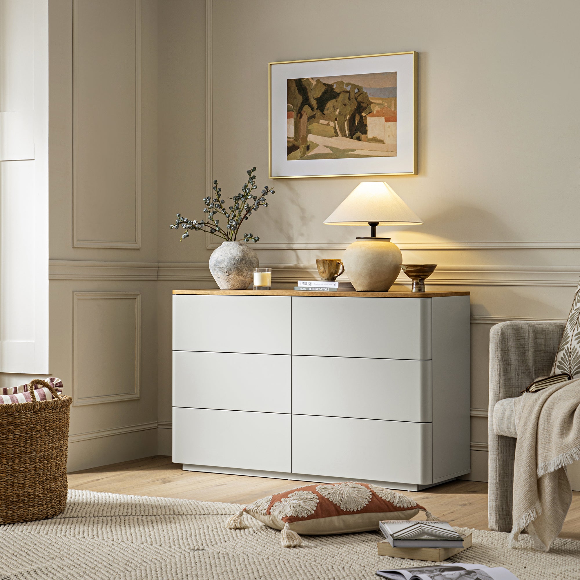 Agnes Curved Edge Chest of 6 Drawers, Dove Grey with Oak Top