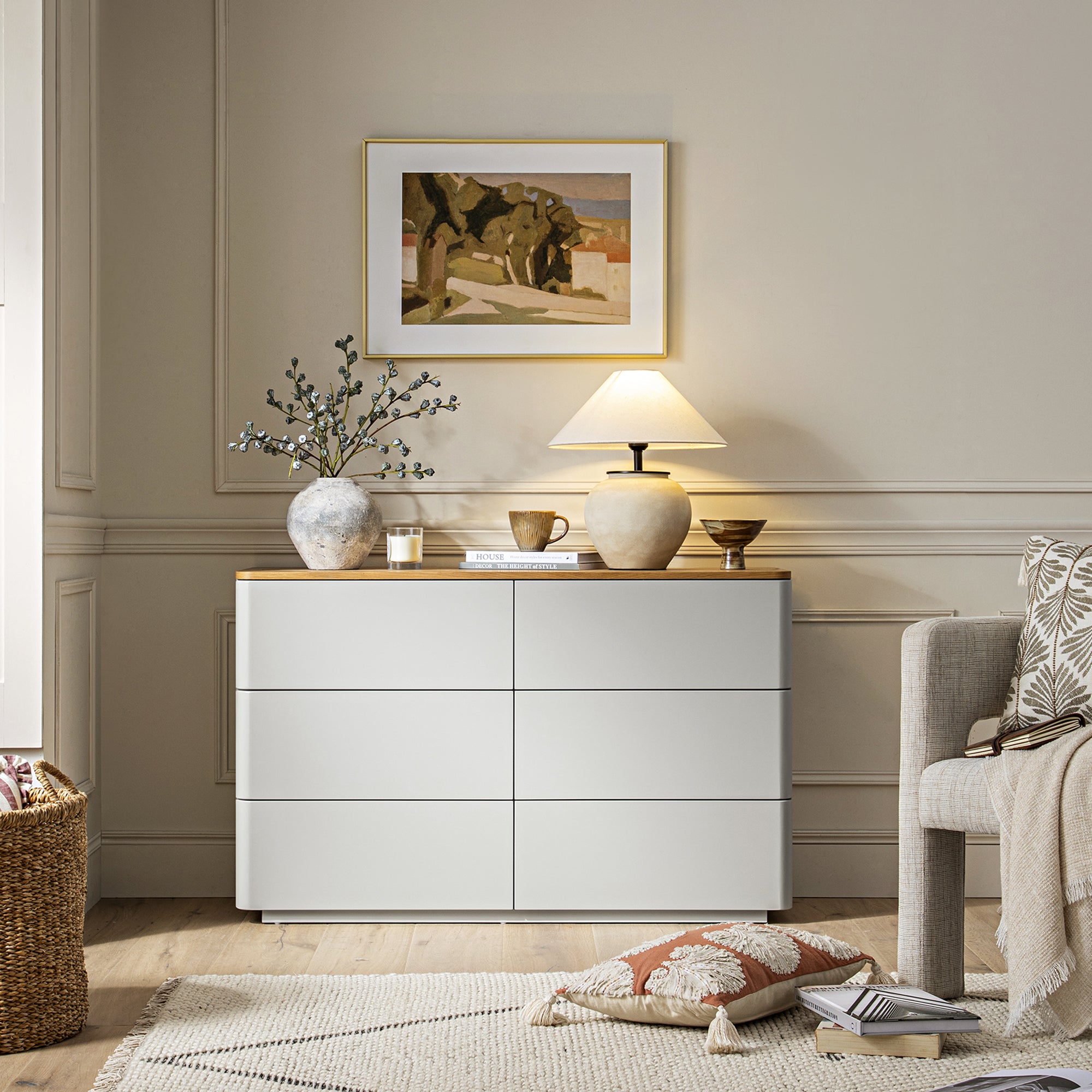 Agnes Curved Edge Chest of 6 Drawers, Dove Grey with Oak Top