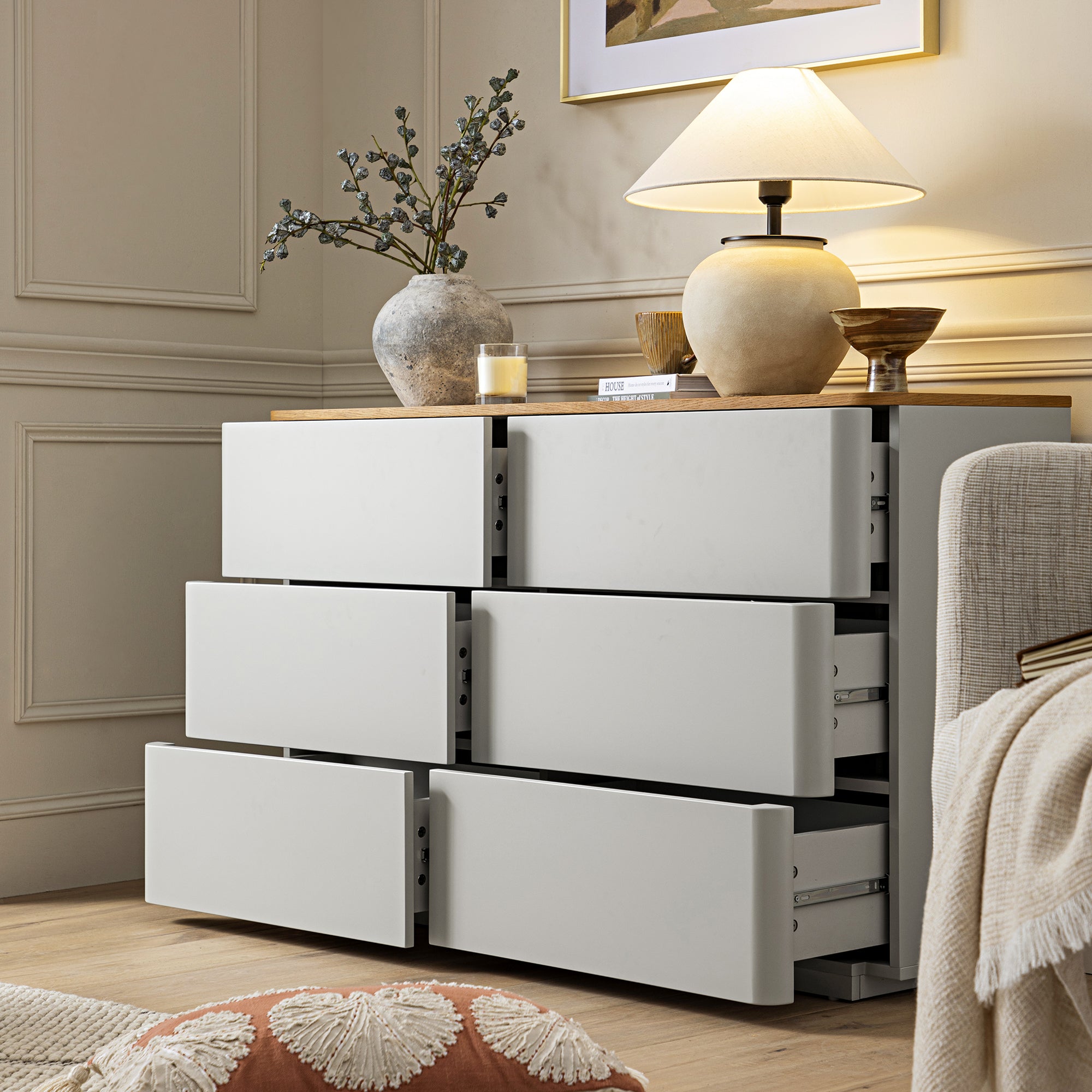 Agnes Curved Edge Chest of 6 Drawers, Dove Grey with Oak Top