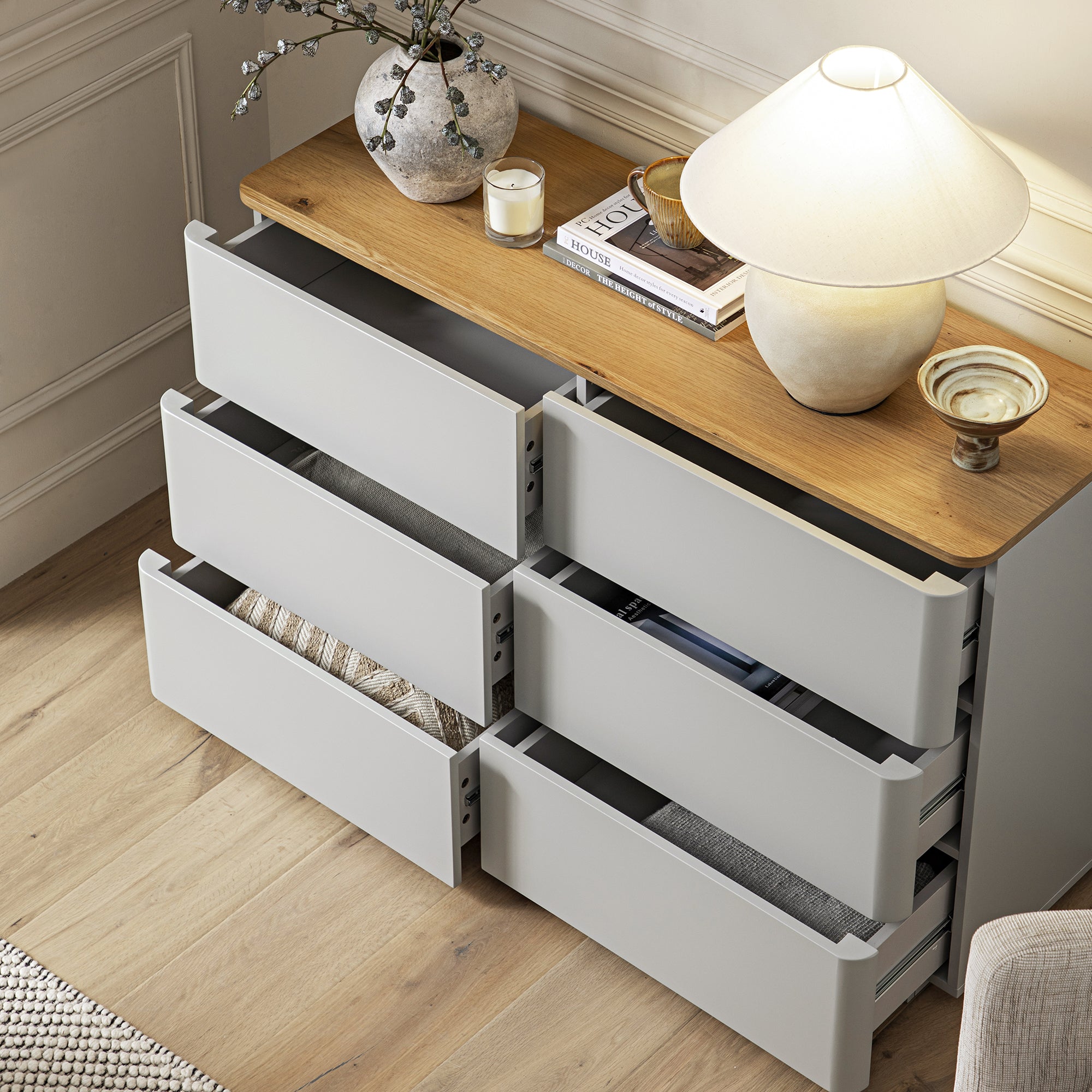 Agnes Curved Edge Chest of 6 Drawers, Dove Grey with Oak Top