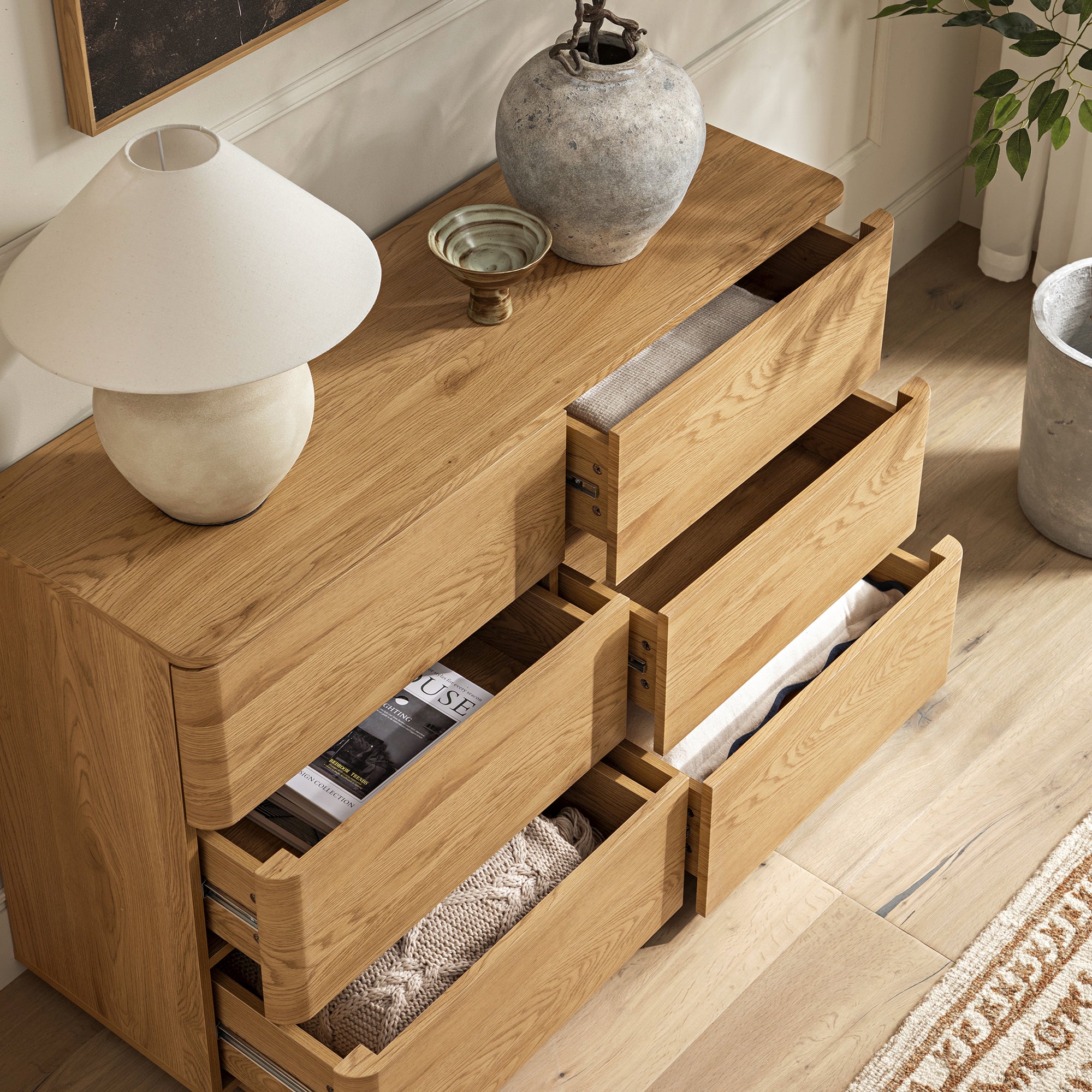 Agnes Curved Edge Chest of 6 Drawers, Natural