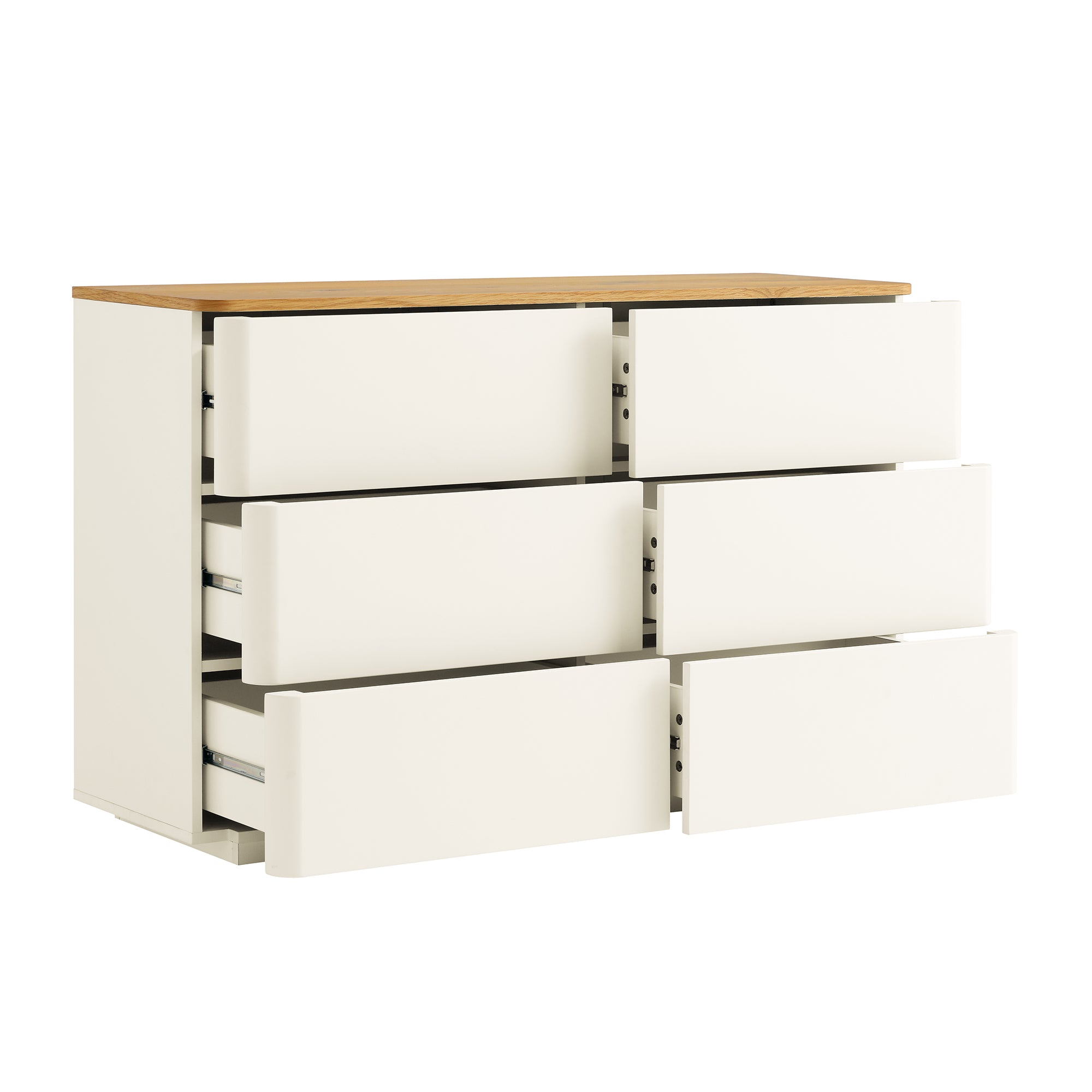 Agnes Curved Edge Chest of 6 Drawers, Off White with Oak Top