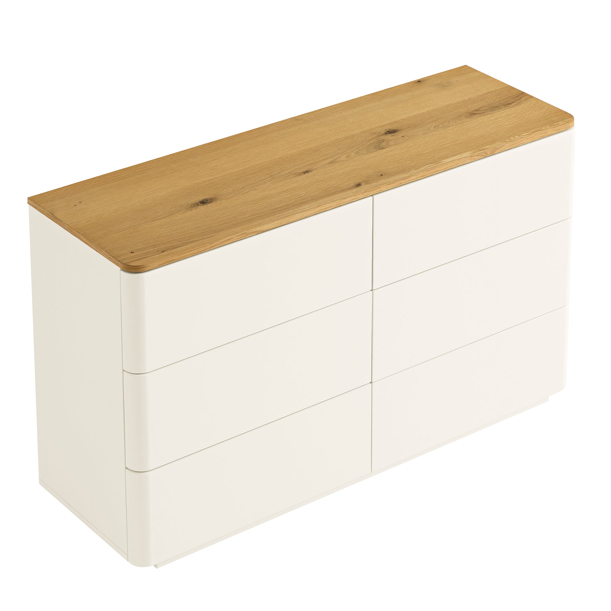 Agnes Curved Edge Chest of 6 Drawers, Off White with Oak Top