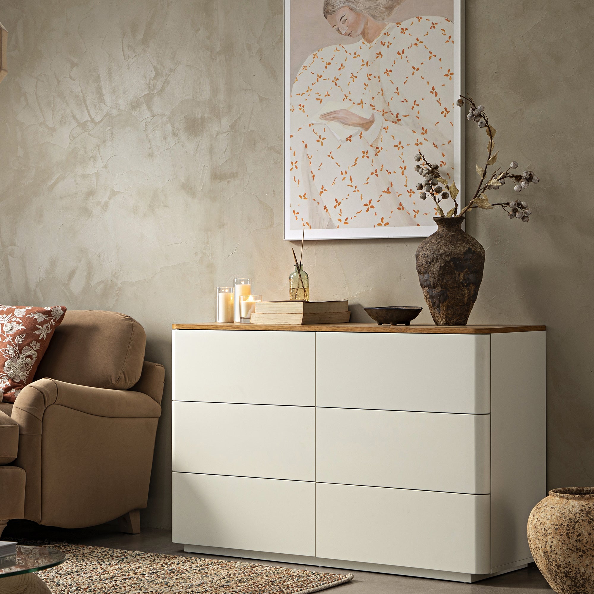 Agnes Curved Edge Chest of 6 Drawers, Off White with Oak Top