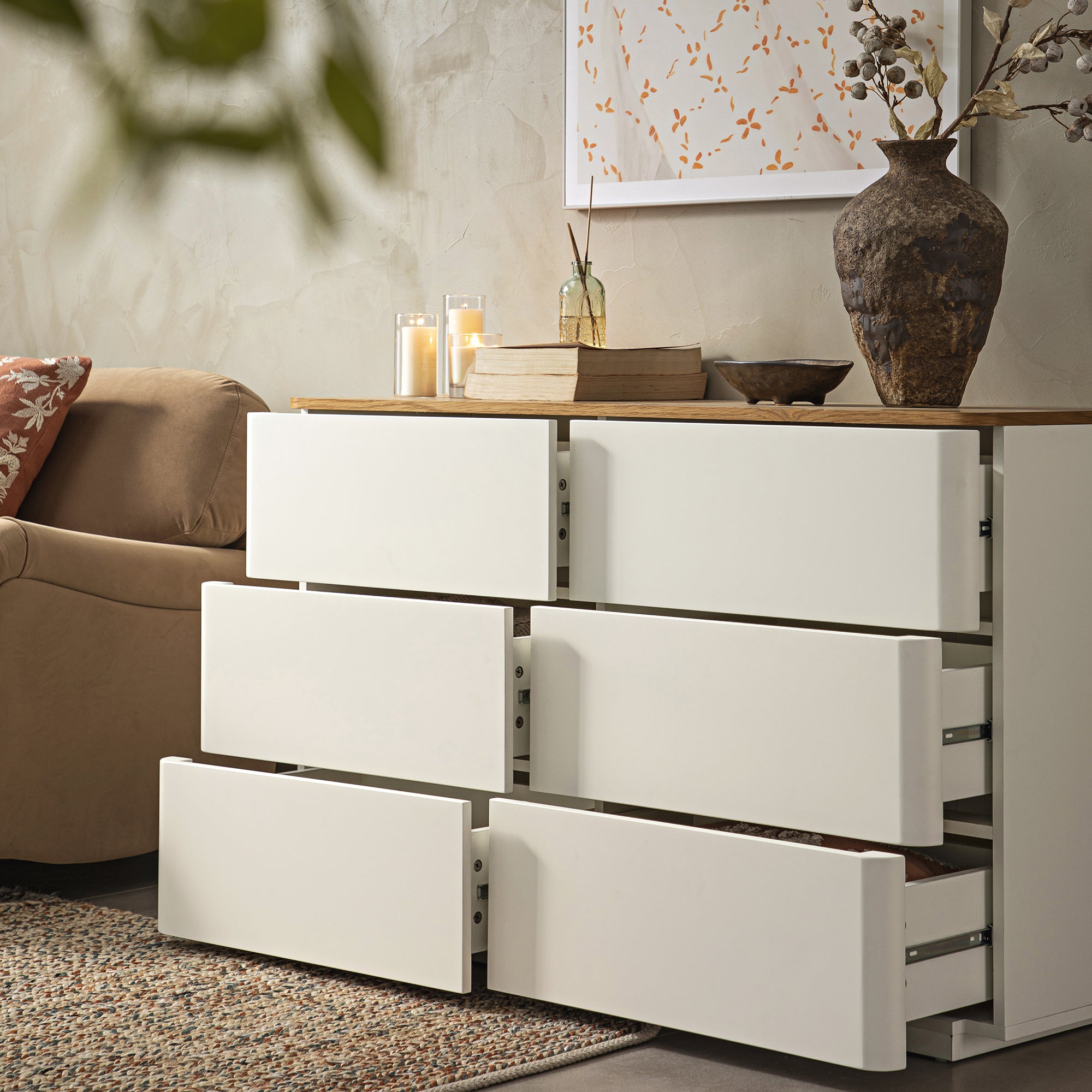 Agnes Curved Edge Chest of 6 Drawers, Off White with Oak Top