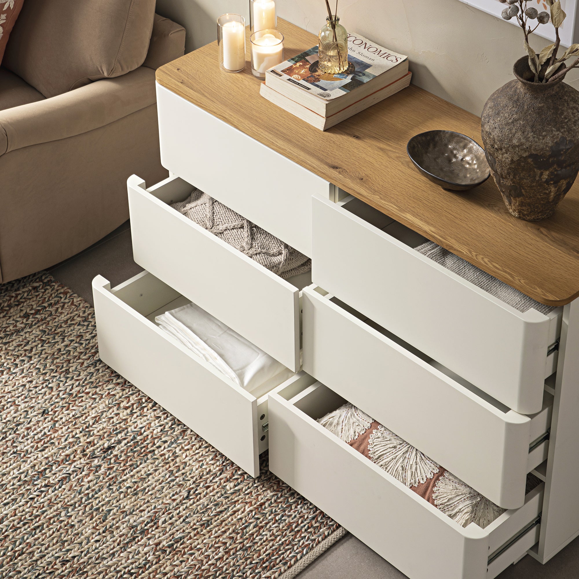 Agnes Curved Edge Chest of 6 Drawers, Off White with Oak Top