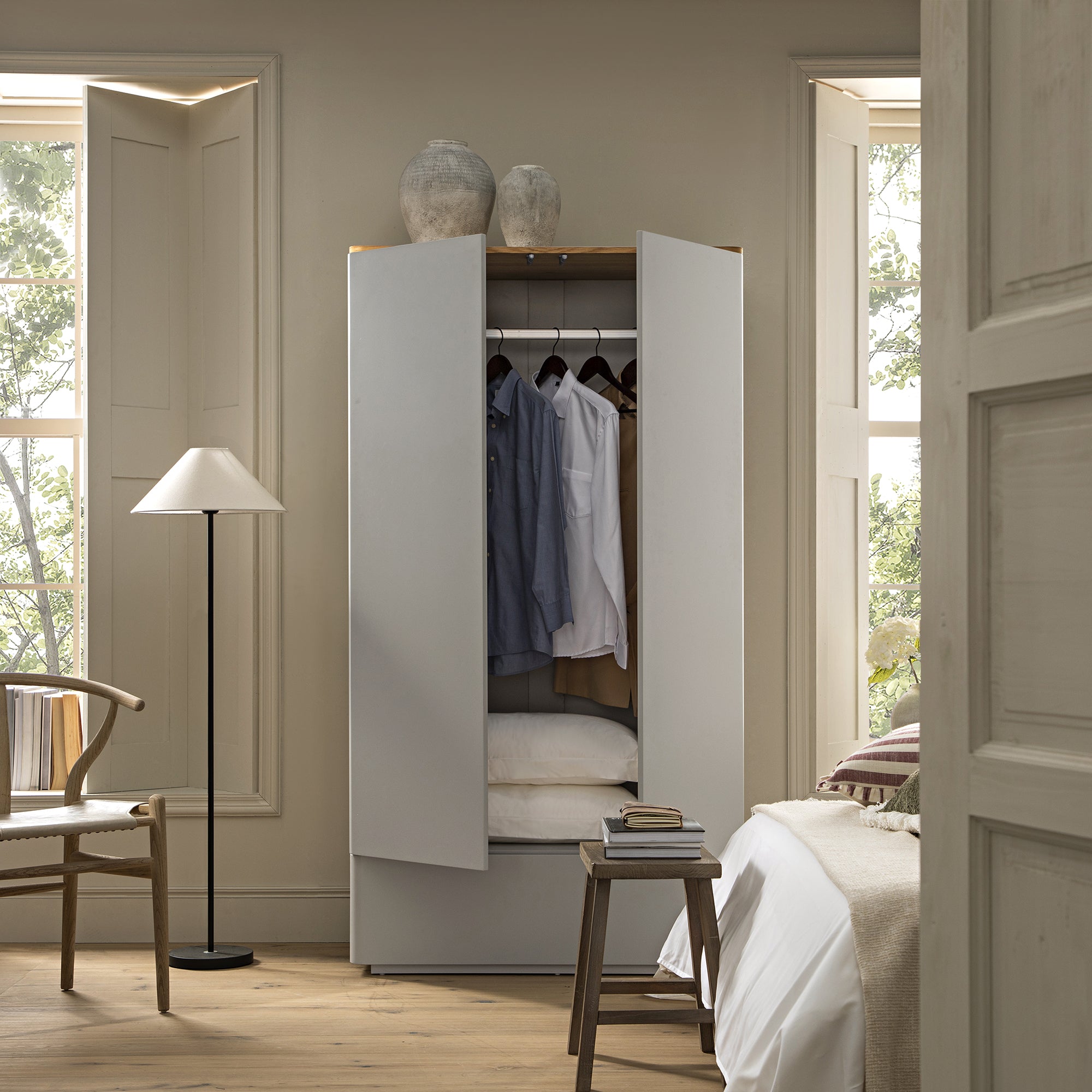 Agnes Curved Edge Double Wardrobe, Dove Grey with Oak Top