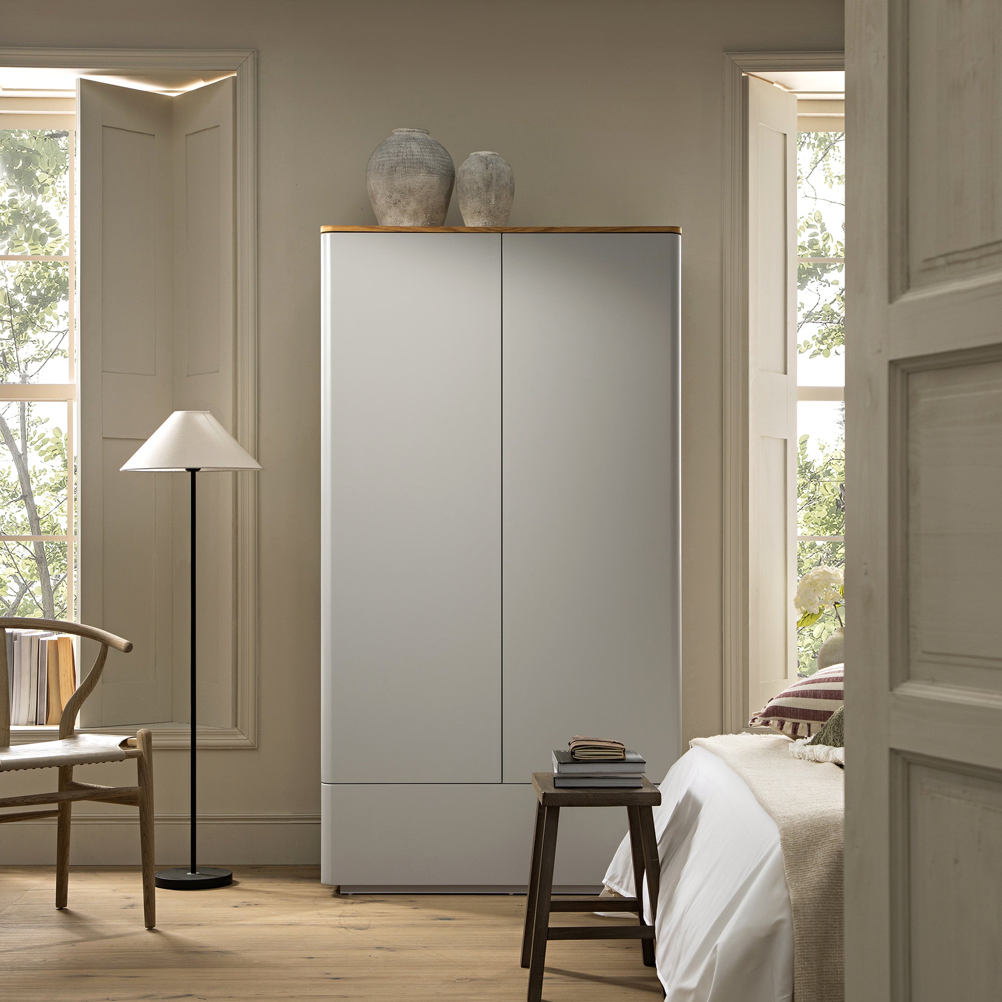 Agnes Curved Edge Double Wardrobe, Dove Grey with Oak Top