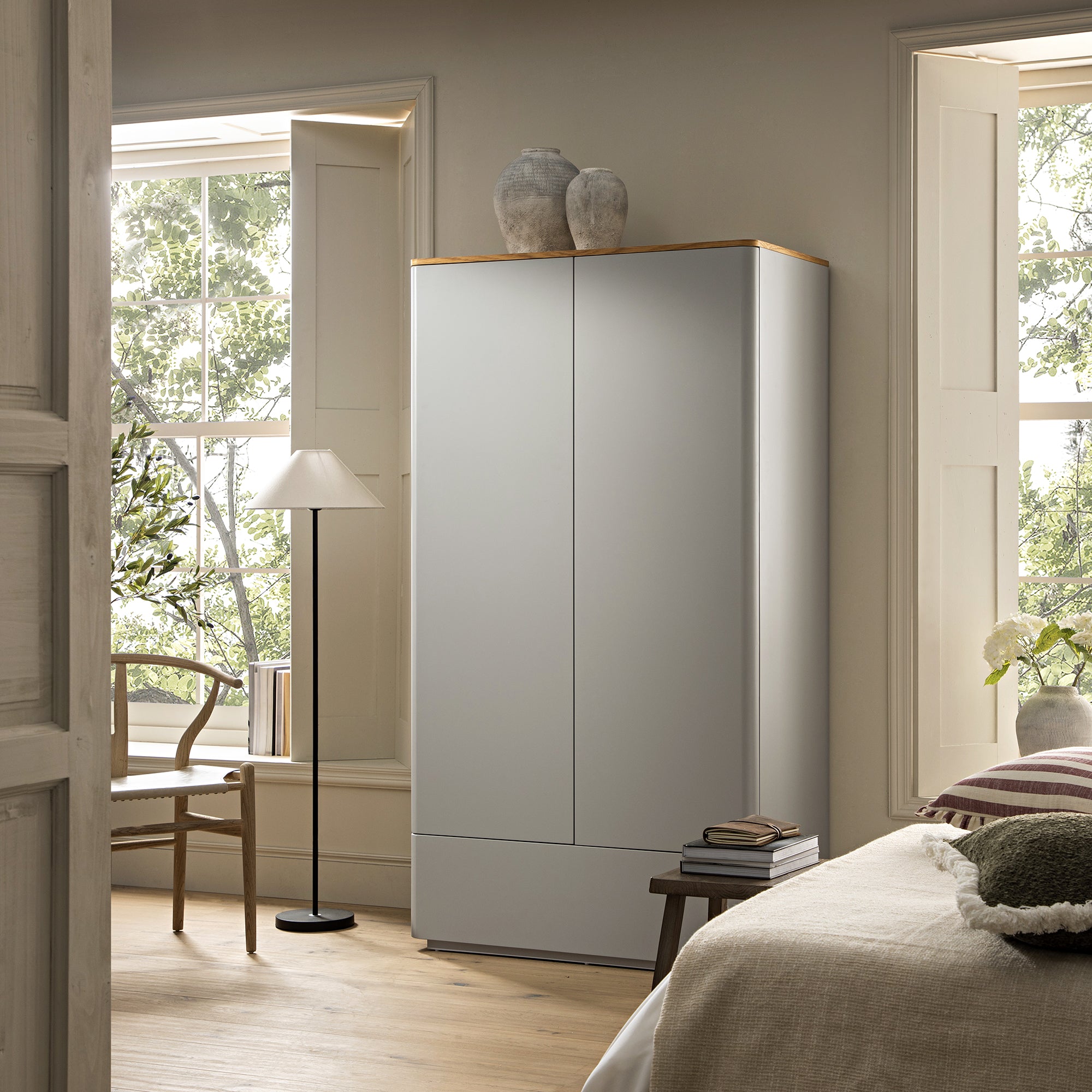 Agnes Curved Edge Double Wardrobe, Dove Grey with Oak Top