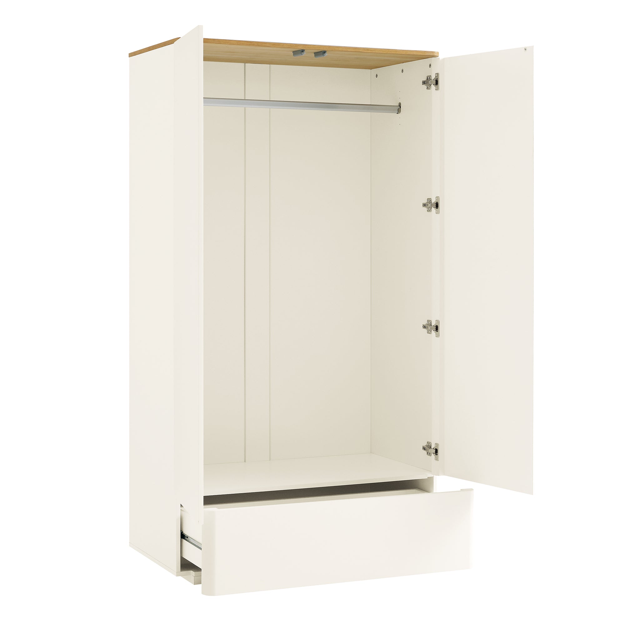 Agnes Curved Edge Double Wardrobe, Off White with Oak Top