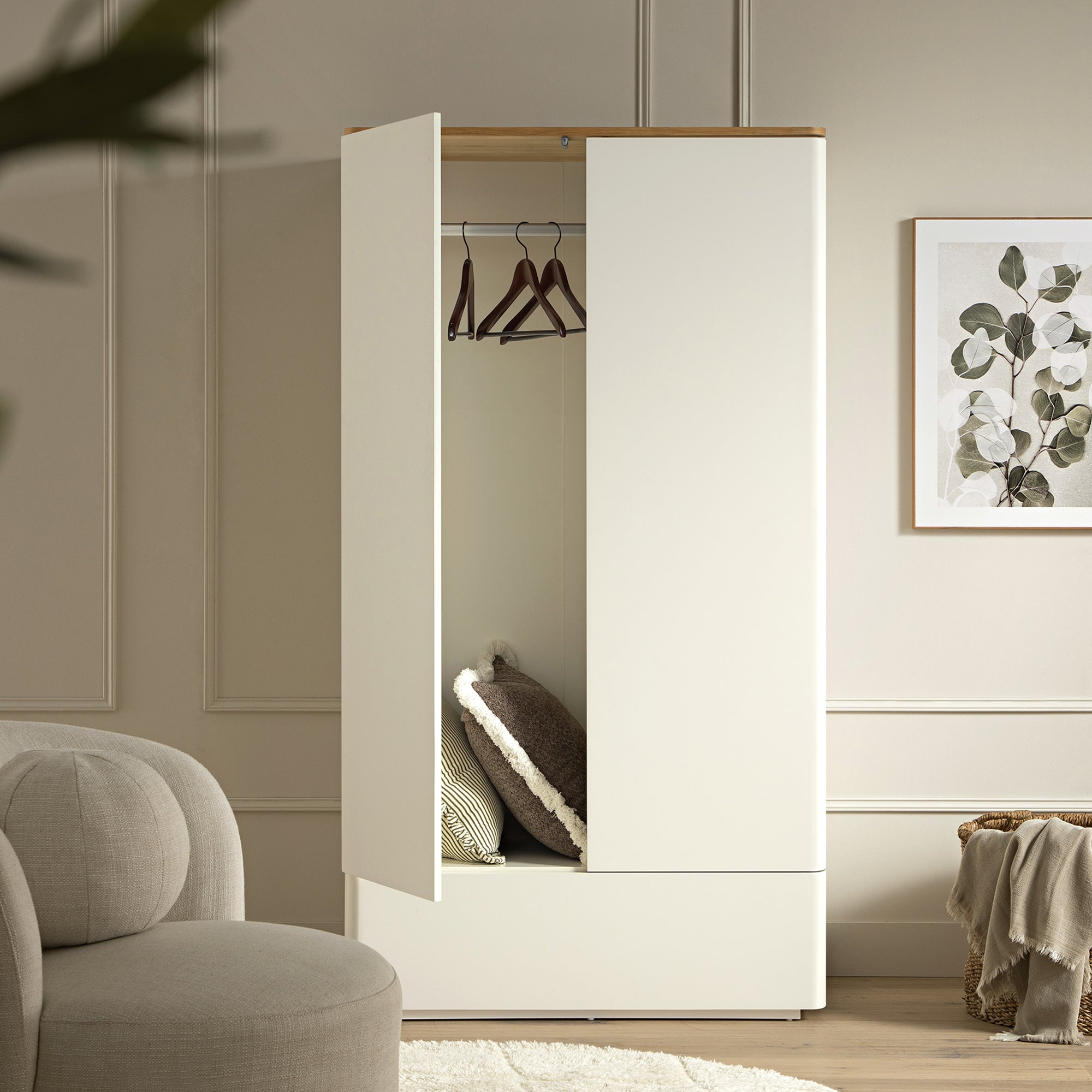 Agnes Curved Edge Double Wardrobe, Off White with Oak Top