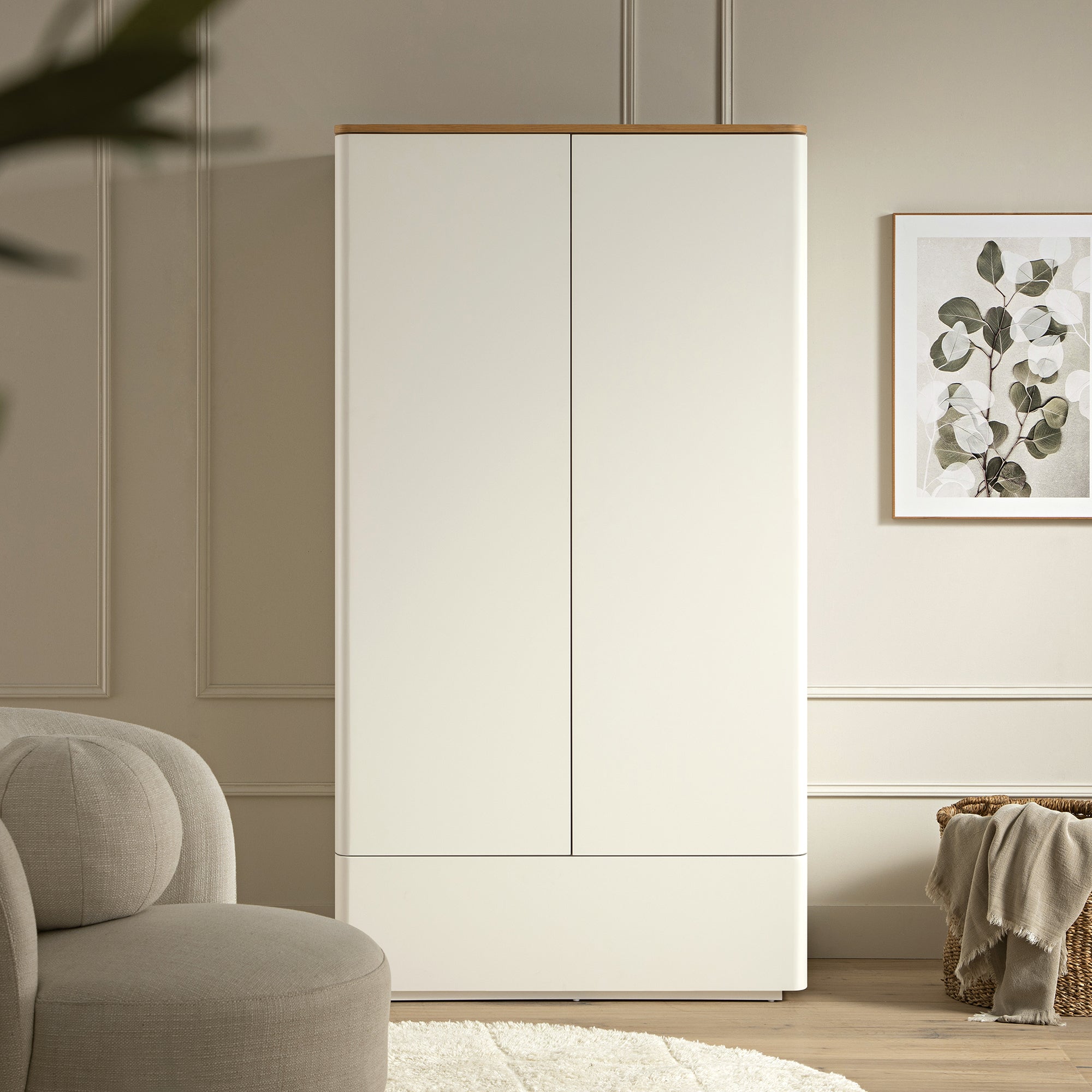 Agnes Curved Edge Double Wardrobe, Off White with Oak Top