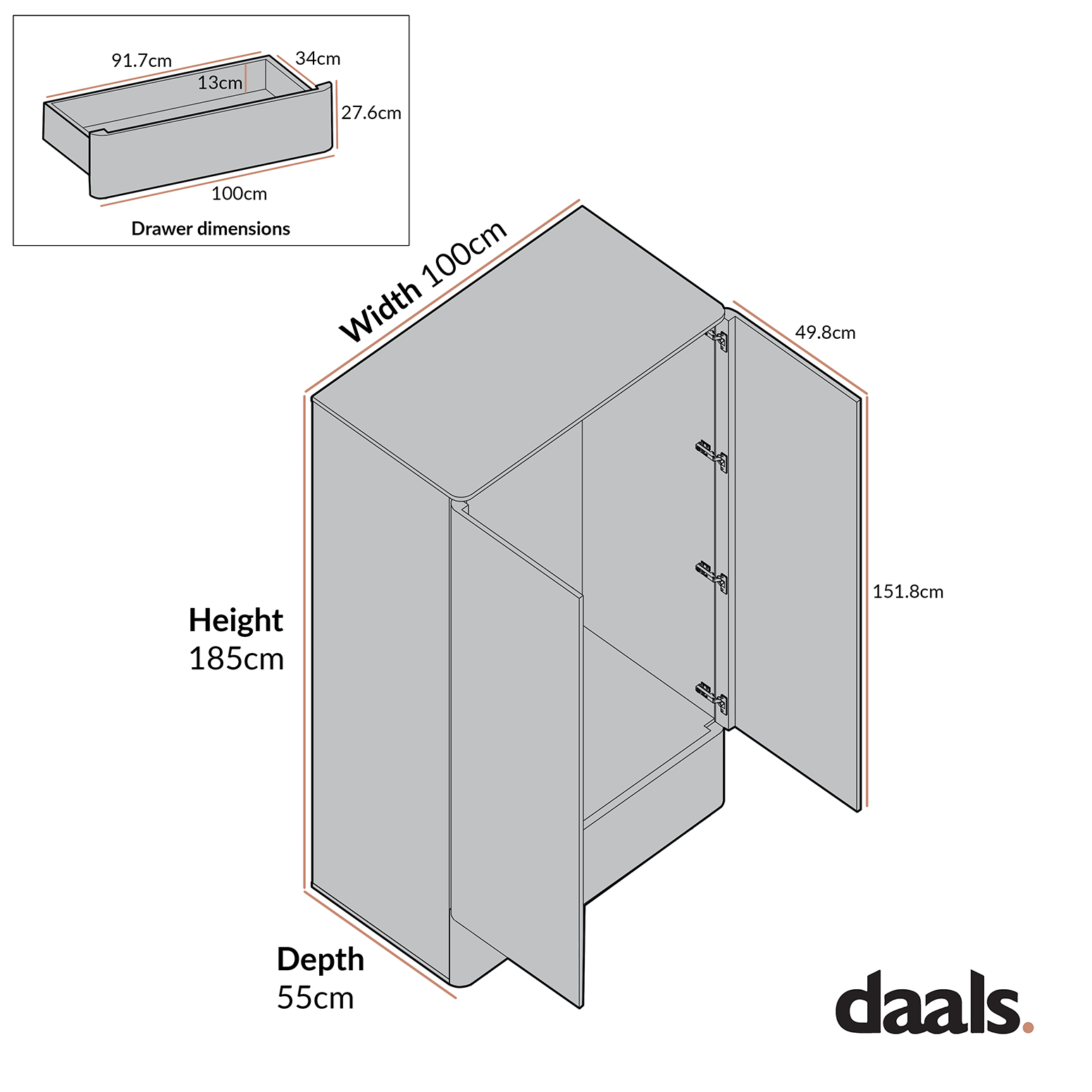 Agnes Curved Edge Double Wardrobe, Dove Grey with Oak Top