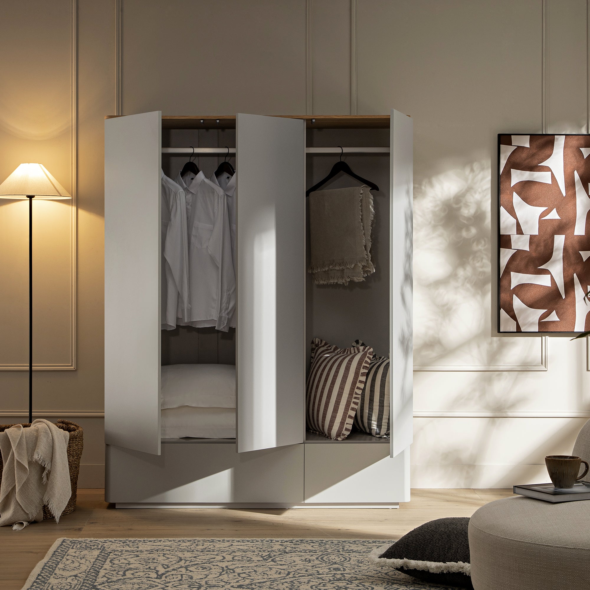 Agnes Curved Edge Triple Wardrobe, Dove Grey with Oak Top