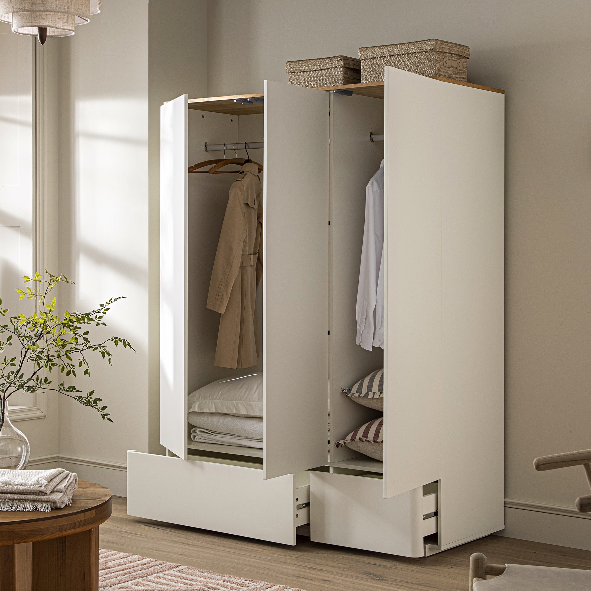 Agnes Curved Edge Triple Wardrobe, Off White with Oak Top