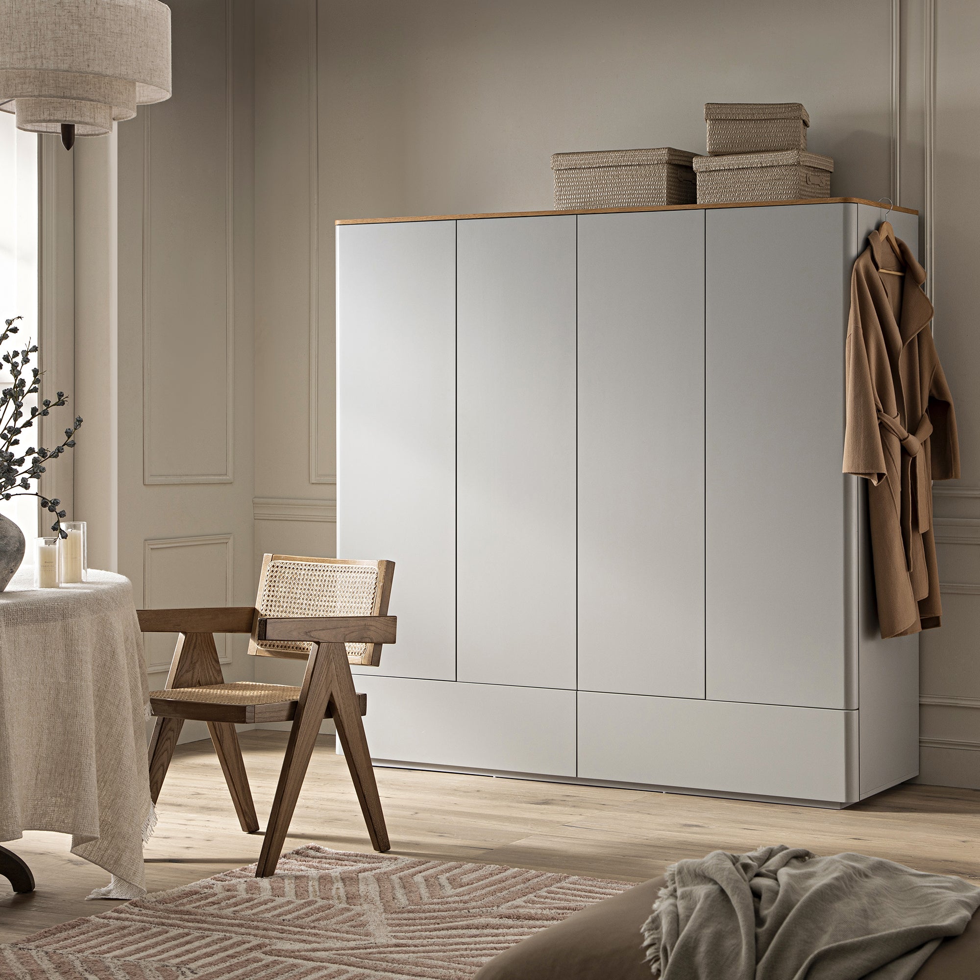 Agnes Curved Edge 4-Door Wardrobe, Dove Grey with Oak Top