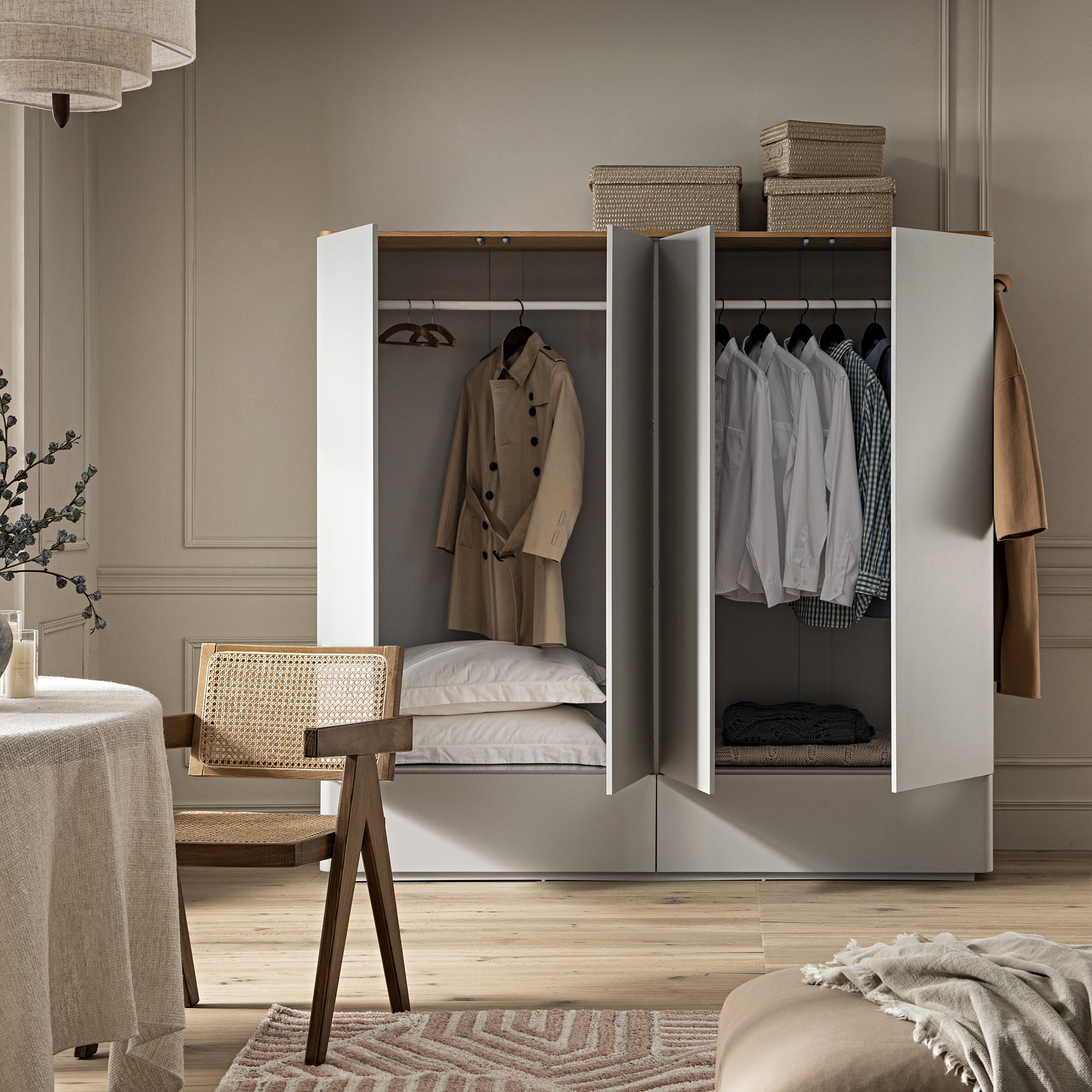 Agnes Curved Edge 4-Door Wardrobe, Dove Grey with Oak Top