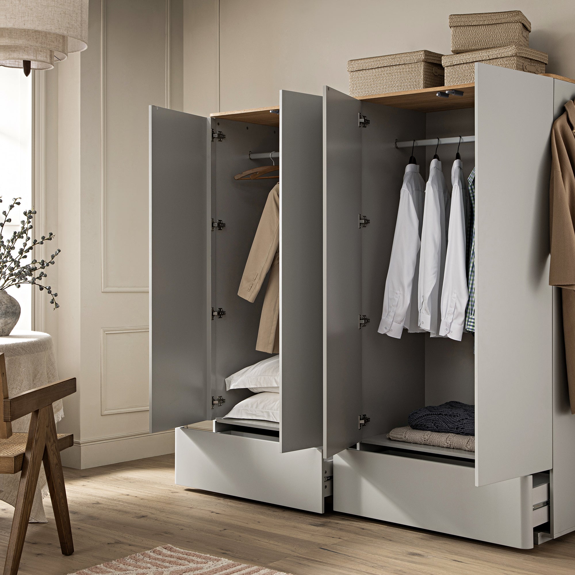 Agnes Curved Edge 4-Door Wardrobe, Dove Grey with Oak Top