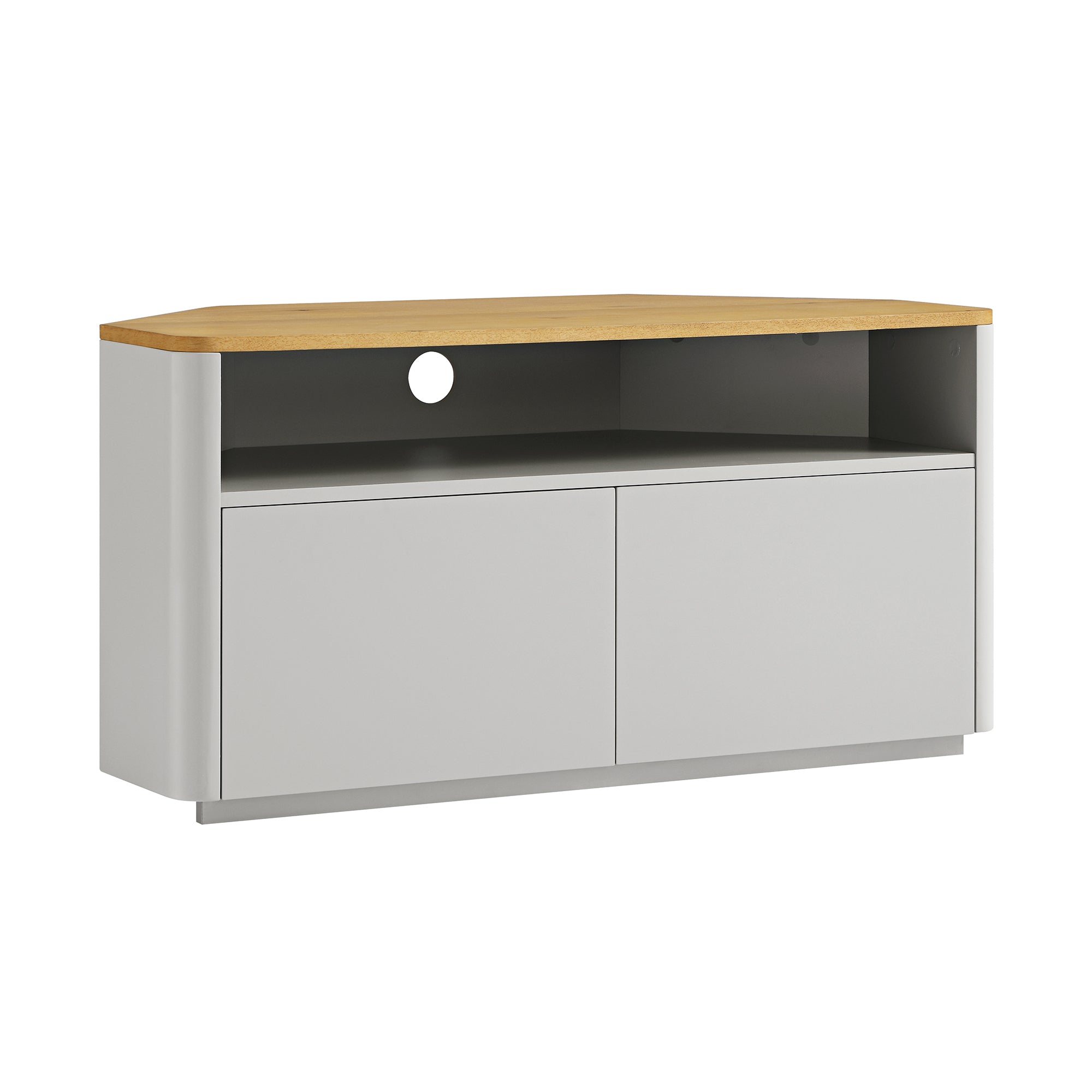 Agnes Curved Edge Corner TV Unit, Dove Grey with Oak Top